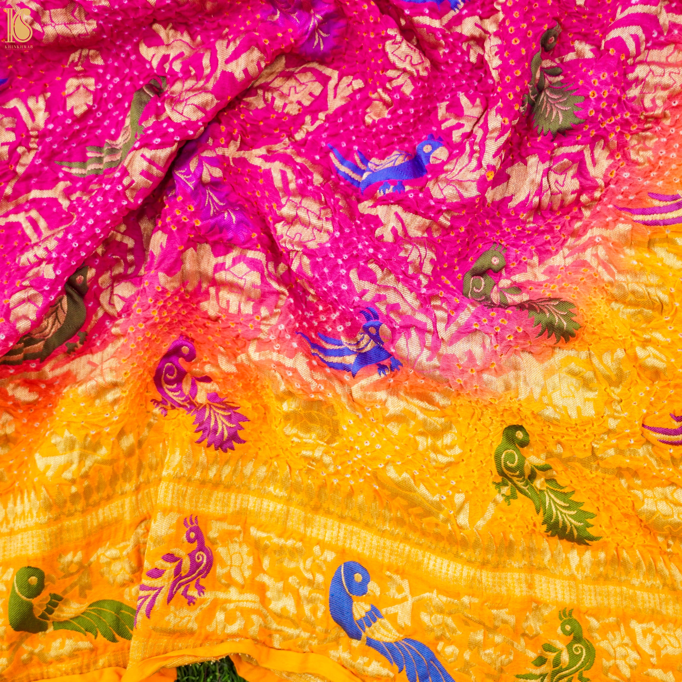 Yellow & Pink Georgette Bandhani Handloom Banarasi Shikargah Dupatta - Khinkhwab