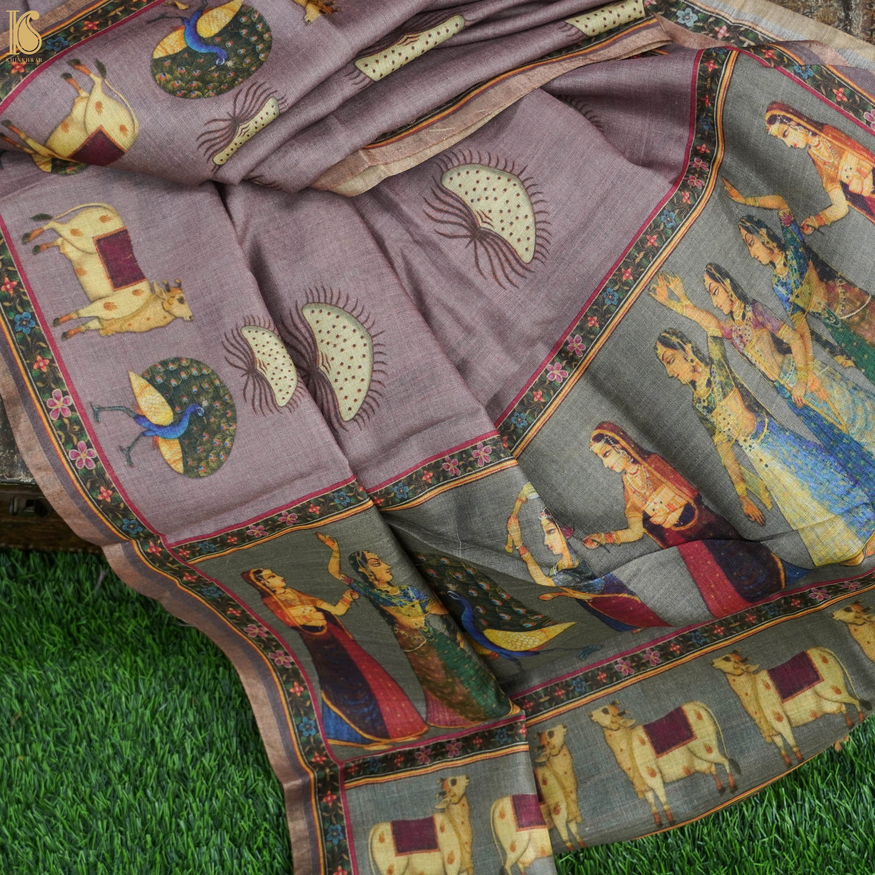 Pure Tussar Silk Lady & Cow Print Dupatta - Khinkhwab