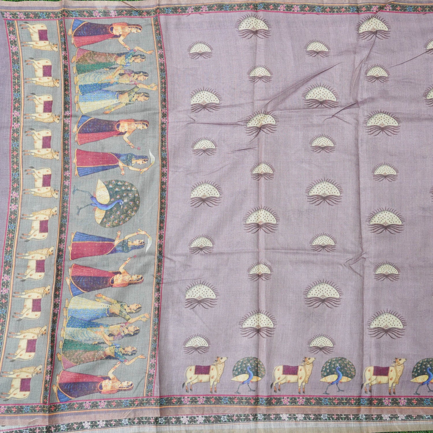 Pure Tussar Silk Lady & Cow Print Dupatta - Khinkhwab