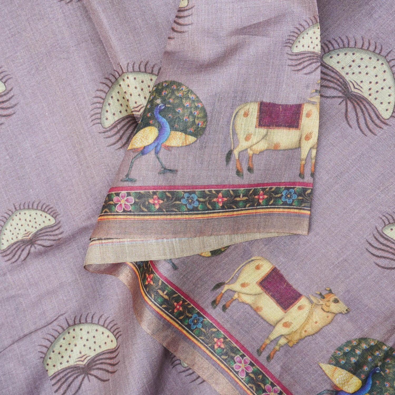 Pure Tussar Silk Lady & Cow Print Dupatta - Khinkhwab