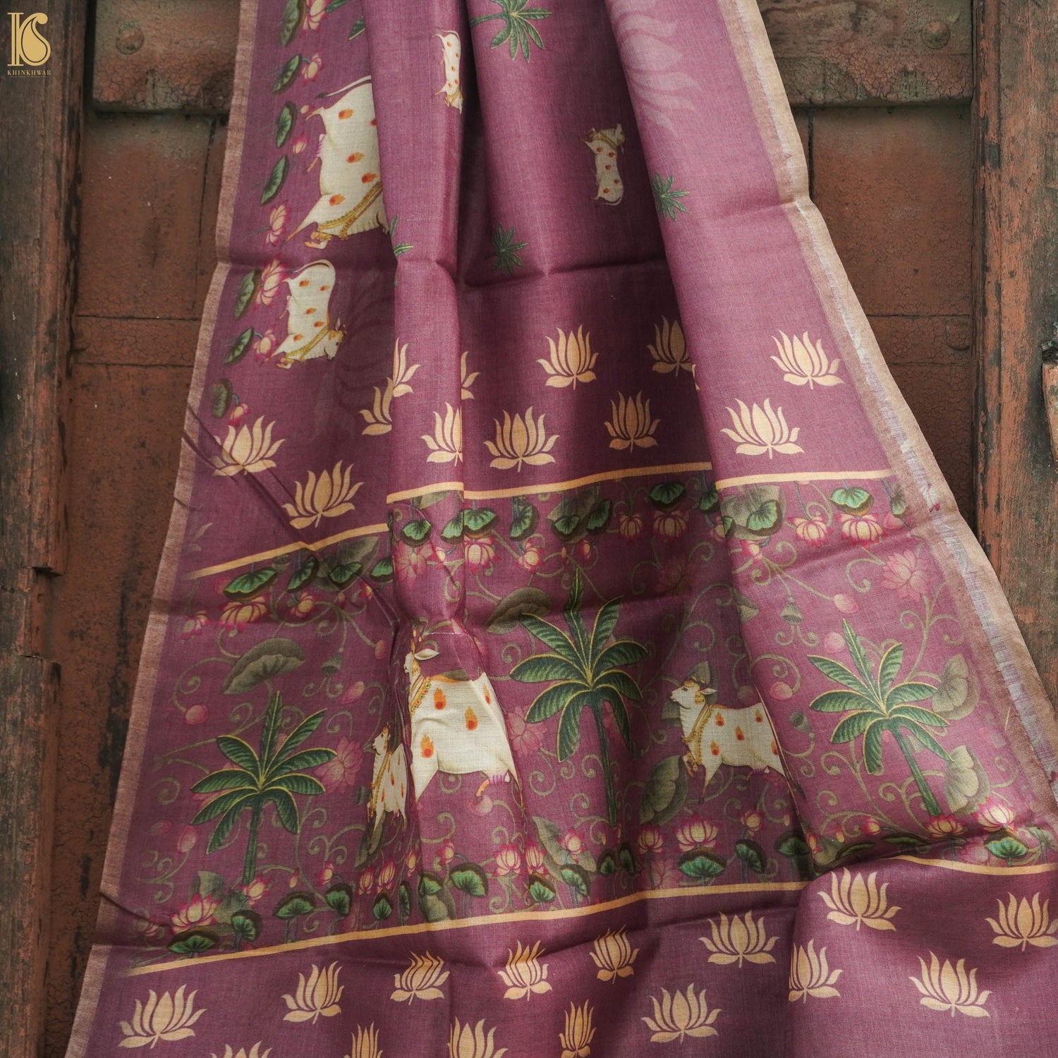 Pure Tussar Silk Cow & Lotus Print Dupatta - Khinkhwab