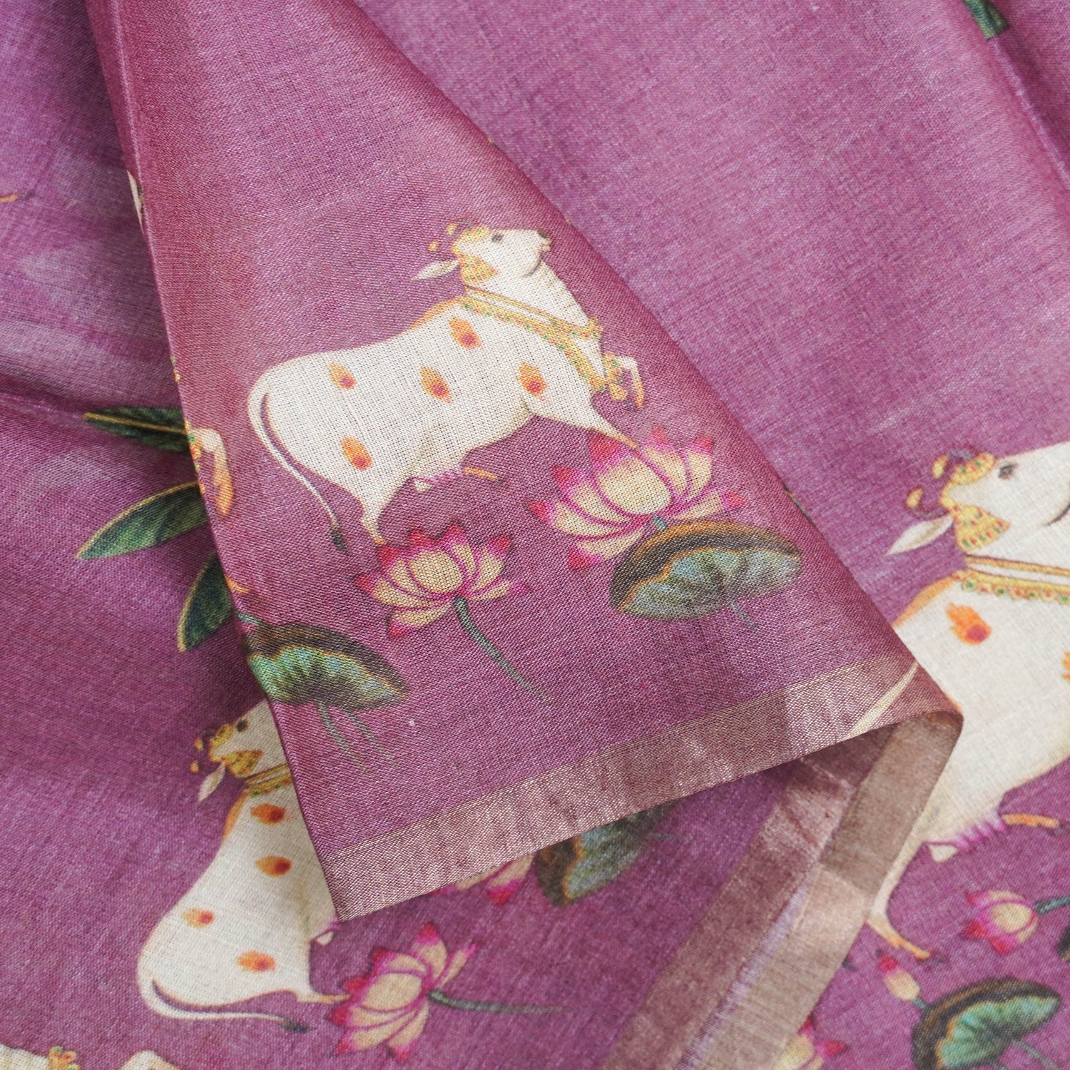 Pure Tussar Silk Cow & Lotus Print Dupatta - Khinkhwab