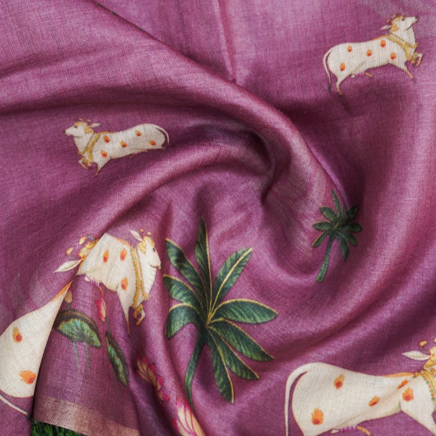 Pure Tussar Silk Cow & Lotus Print Dupatta - Khinkhwab