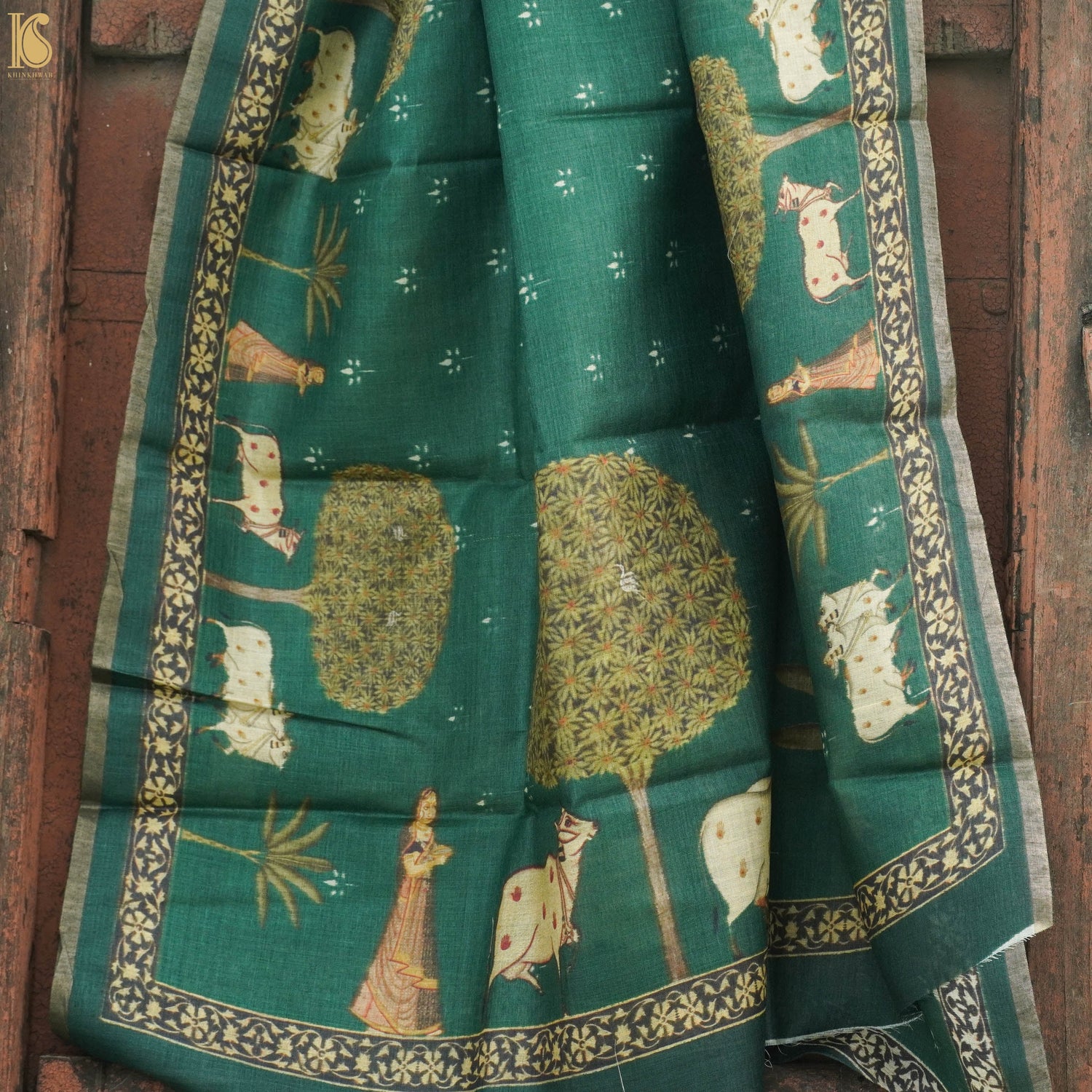 Green Pure Tussar Silk Cow & Lady Print Dupatta - Khinkhwab