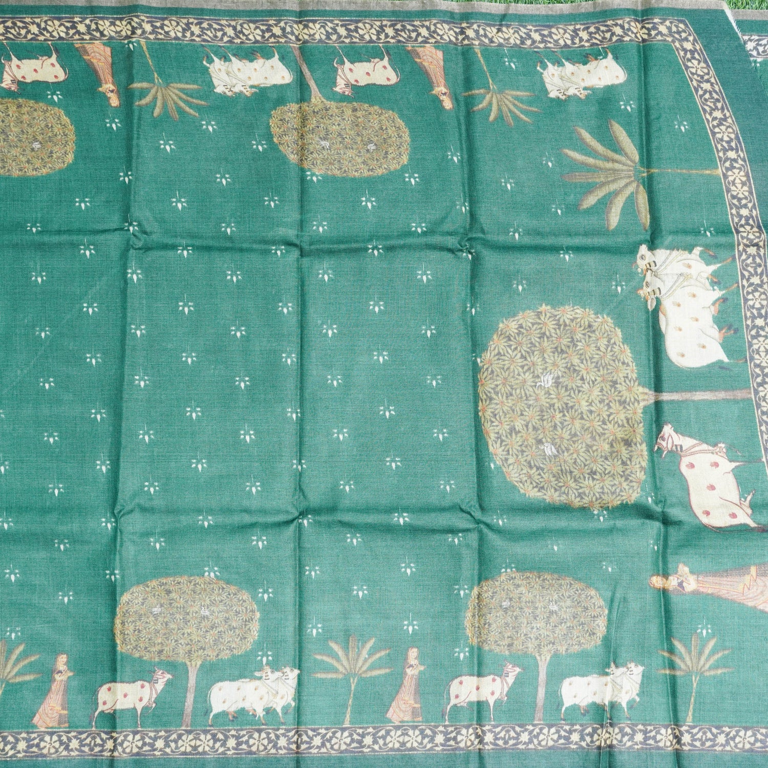 Green Pure Tussar Silk Cow & Lady Print Dupatta - Khinkhwab