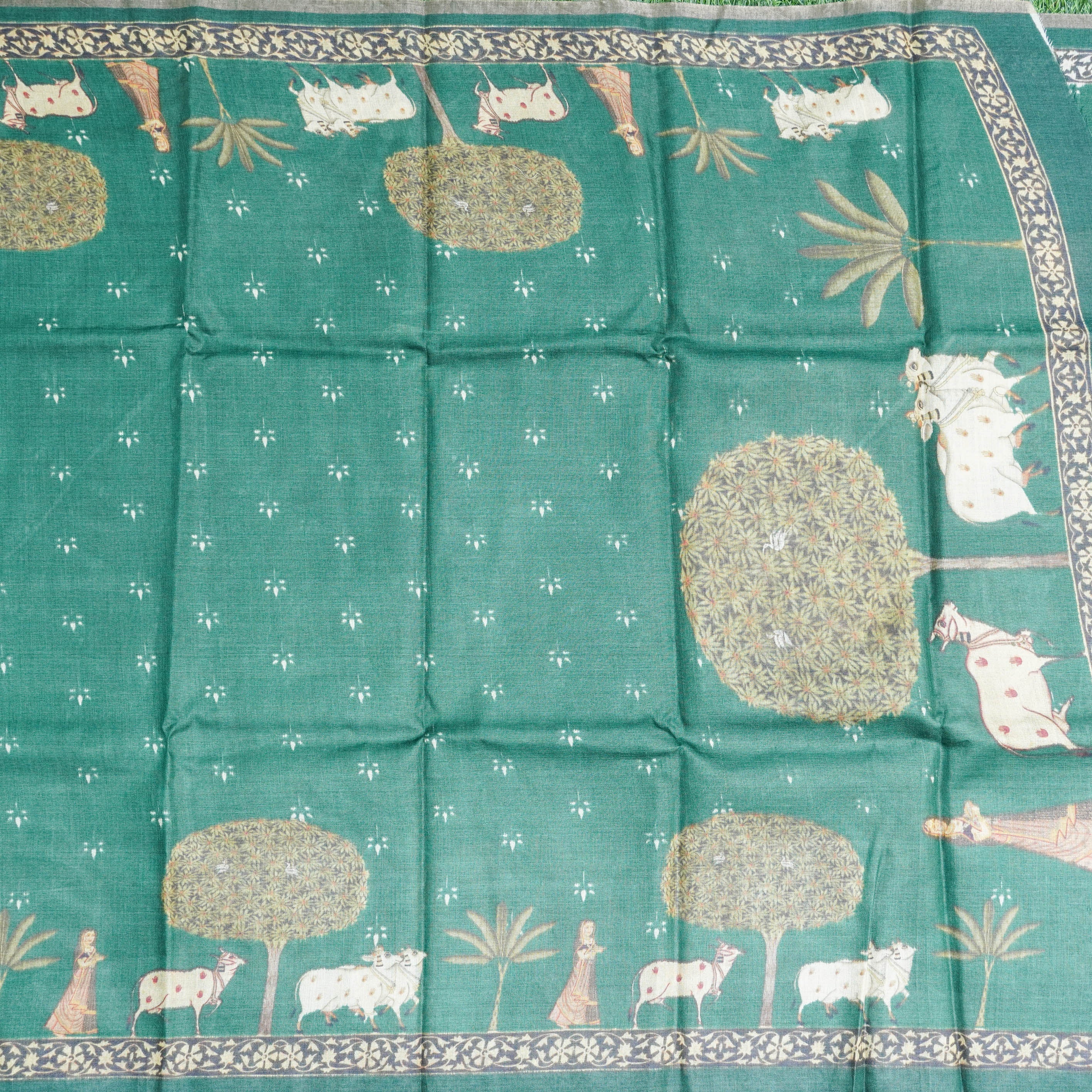 Green Pure Tussar Silk Cow & Lady Print Dupatta - Khinkhwab