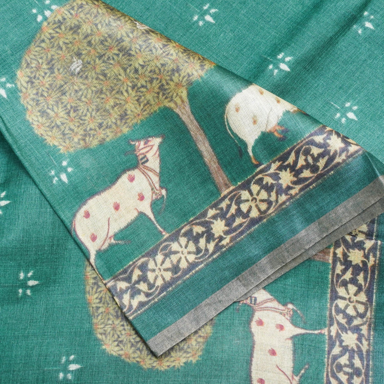 Green Pure Tussar Silk Cow & Lady Print Dupatta - Khinkhwab