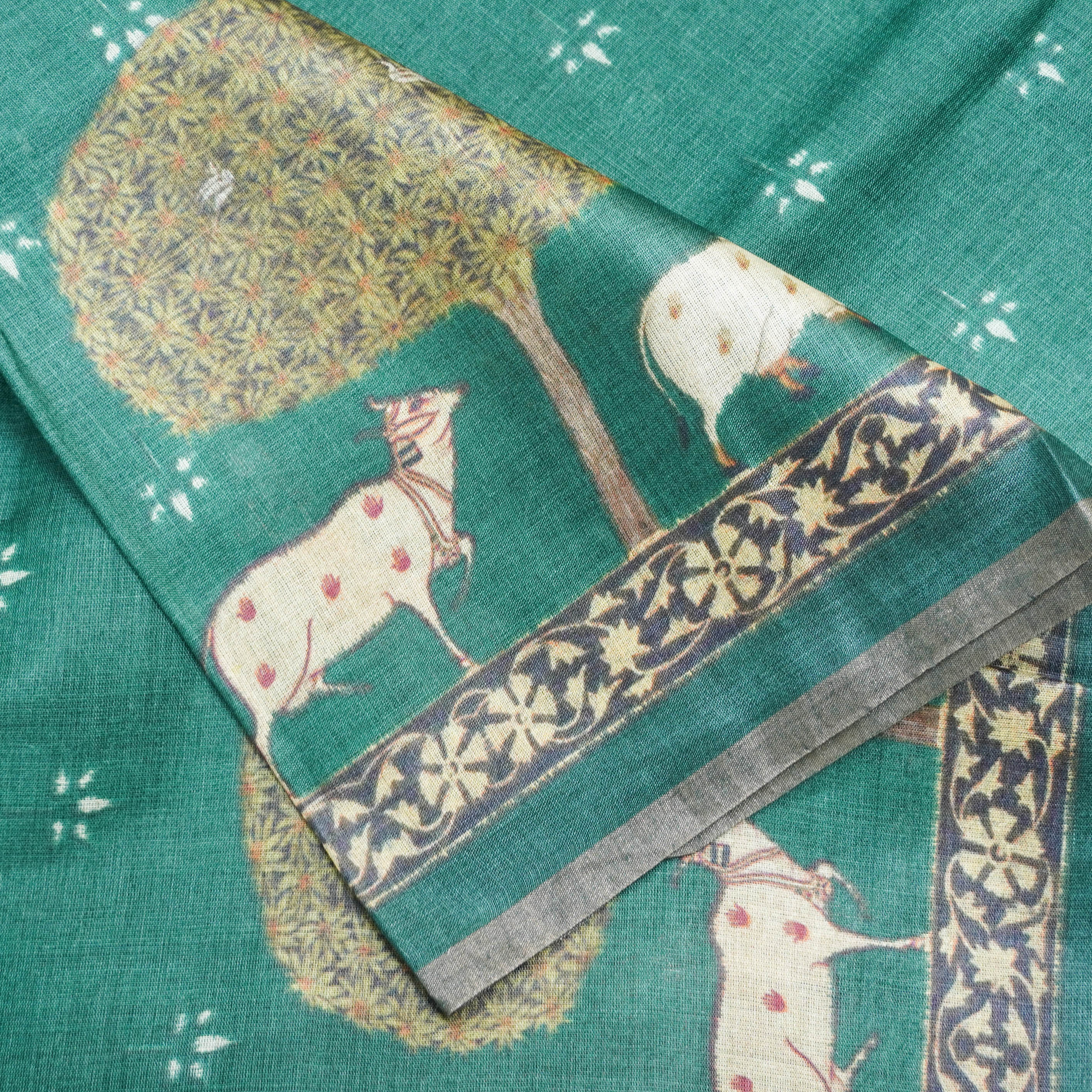 Green Pure Tussar Silk Cow & Lady Print Dupatta - Khinkhwab