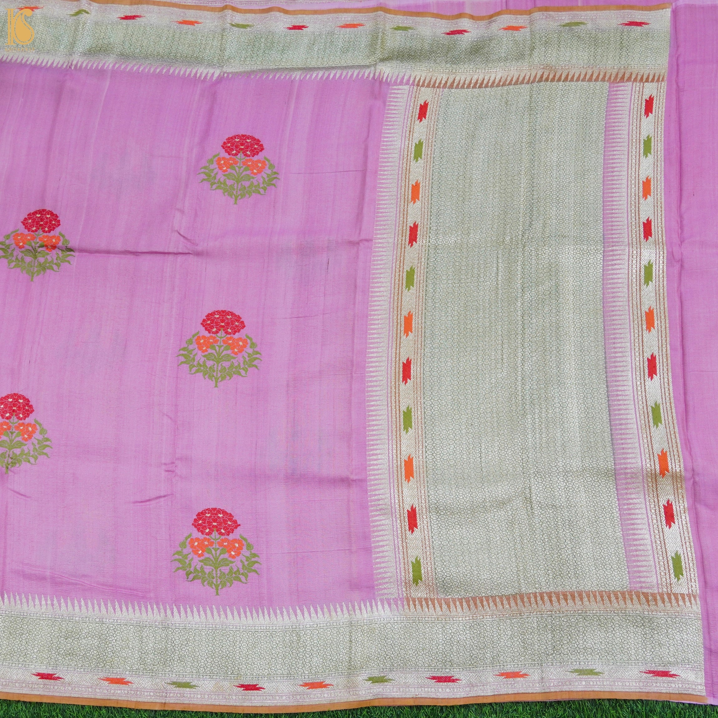 London Hue Pure Tussar Georgette Silk Handwoven Banarasi Kadwa Meenakari Saree - Khinkhwab