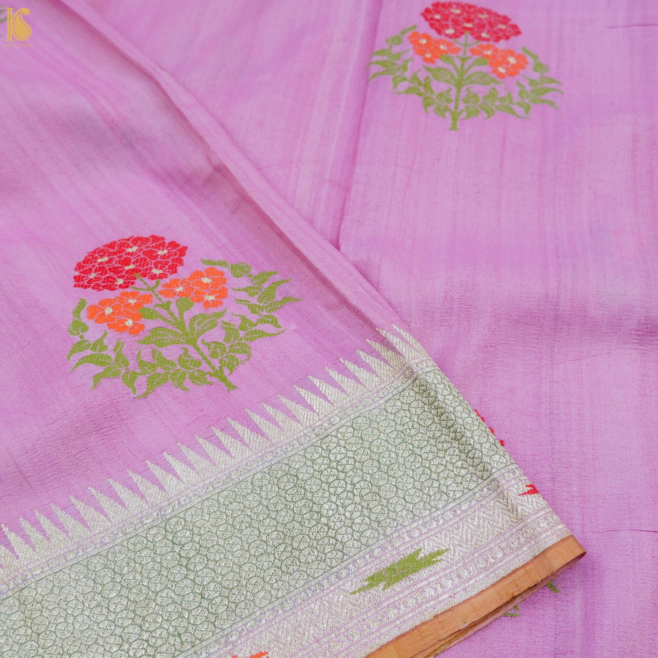 London Hue Pure Tussar Georgette Silk Handwoven Banarasi Kadwa Meenakari Saree - Khinkhwab