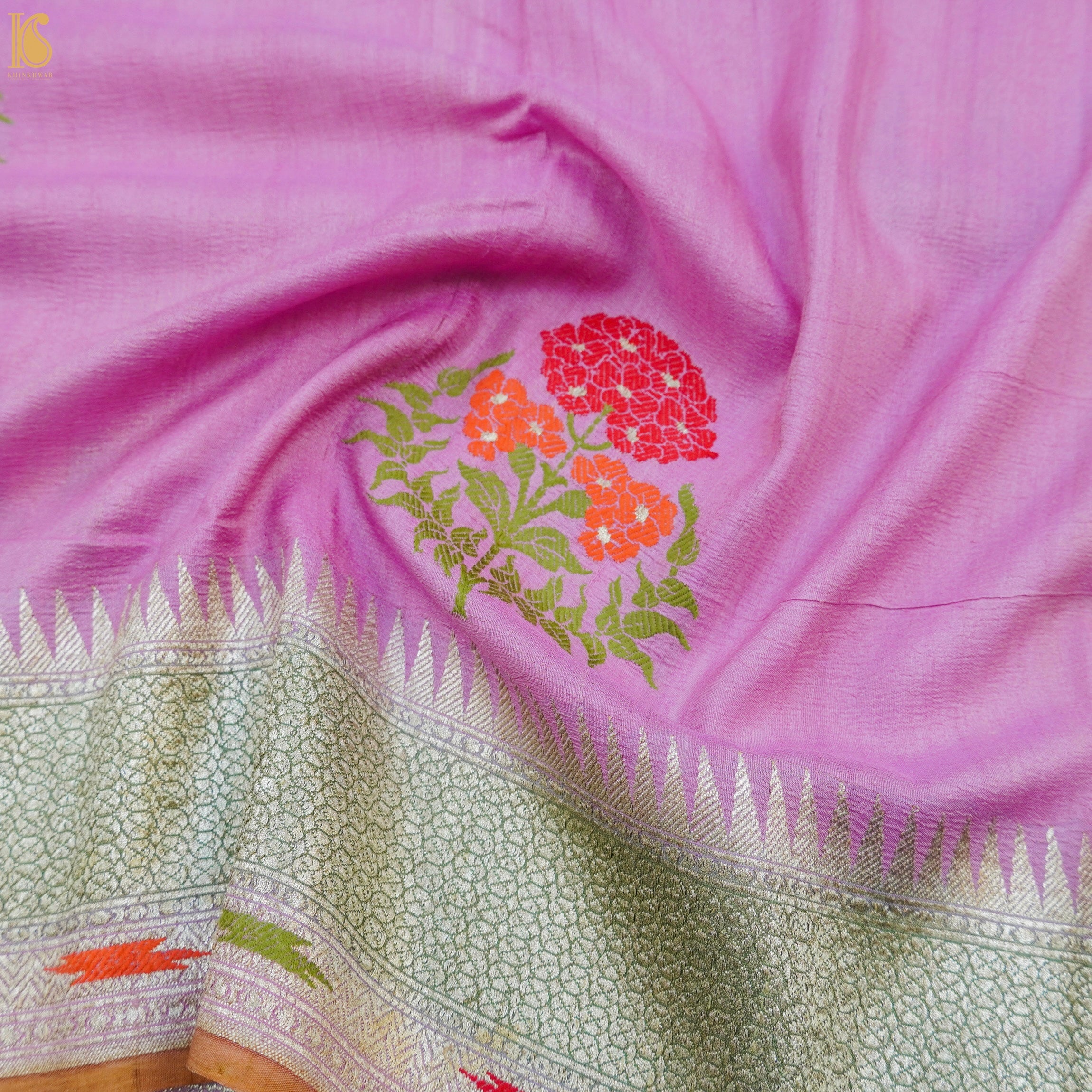 London Hue Pure Tussar Georgette Silk Handwoven Banarasi Kadwa Meenakari Saree - Khinkhwab