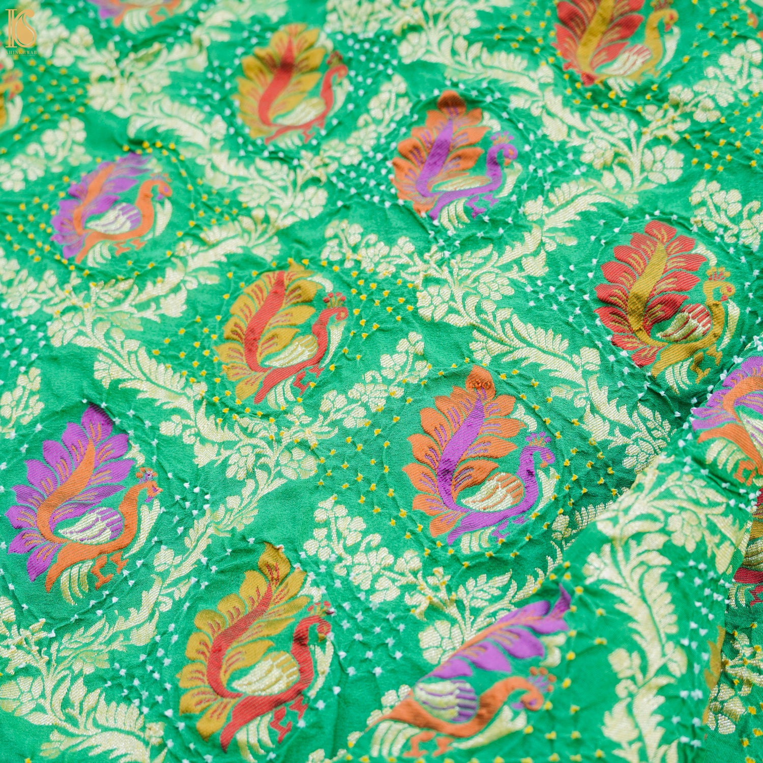 Jade Green Pure Georgette Banarasi Peacock Meena Bandhani Saree - Khinkhwab