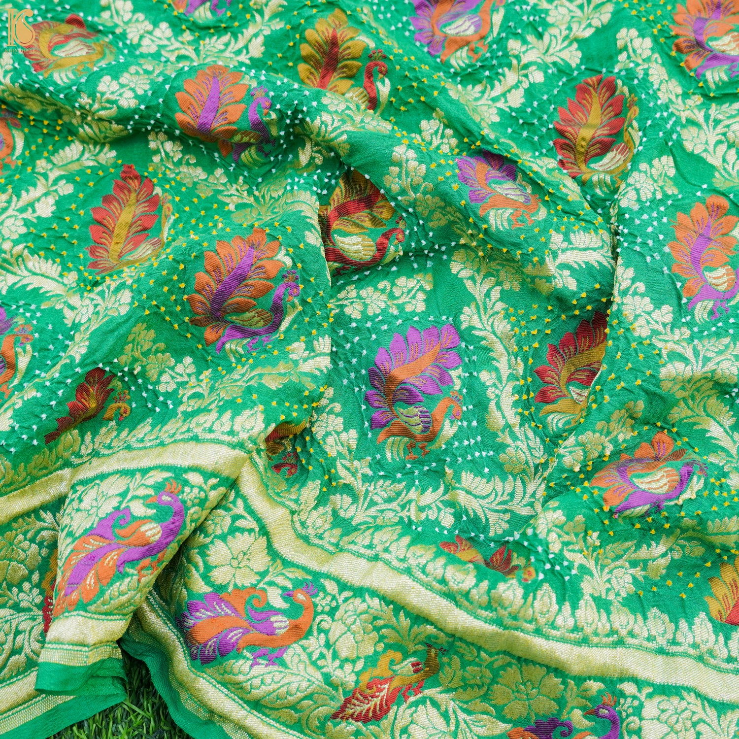 Jade Green Pure Georgette Banarasi Peacock Meena Bandhani Saree - Khinkhwab