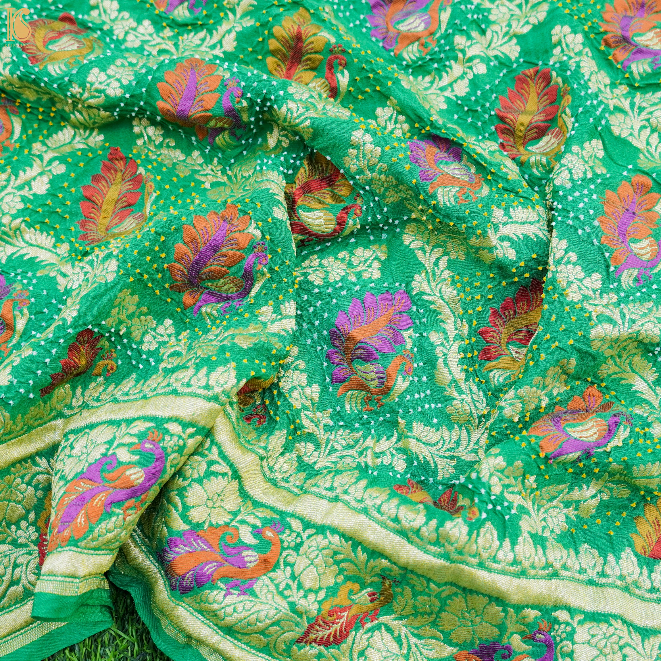 Jade Green Pure Georgette Banarasi Peacock Meena Bandhani Saree - Khinkhwab