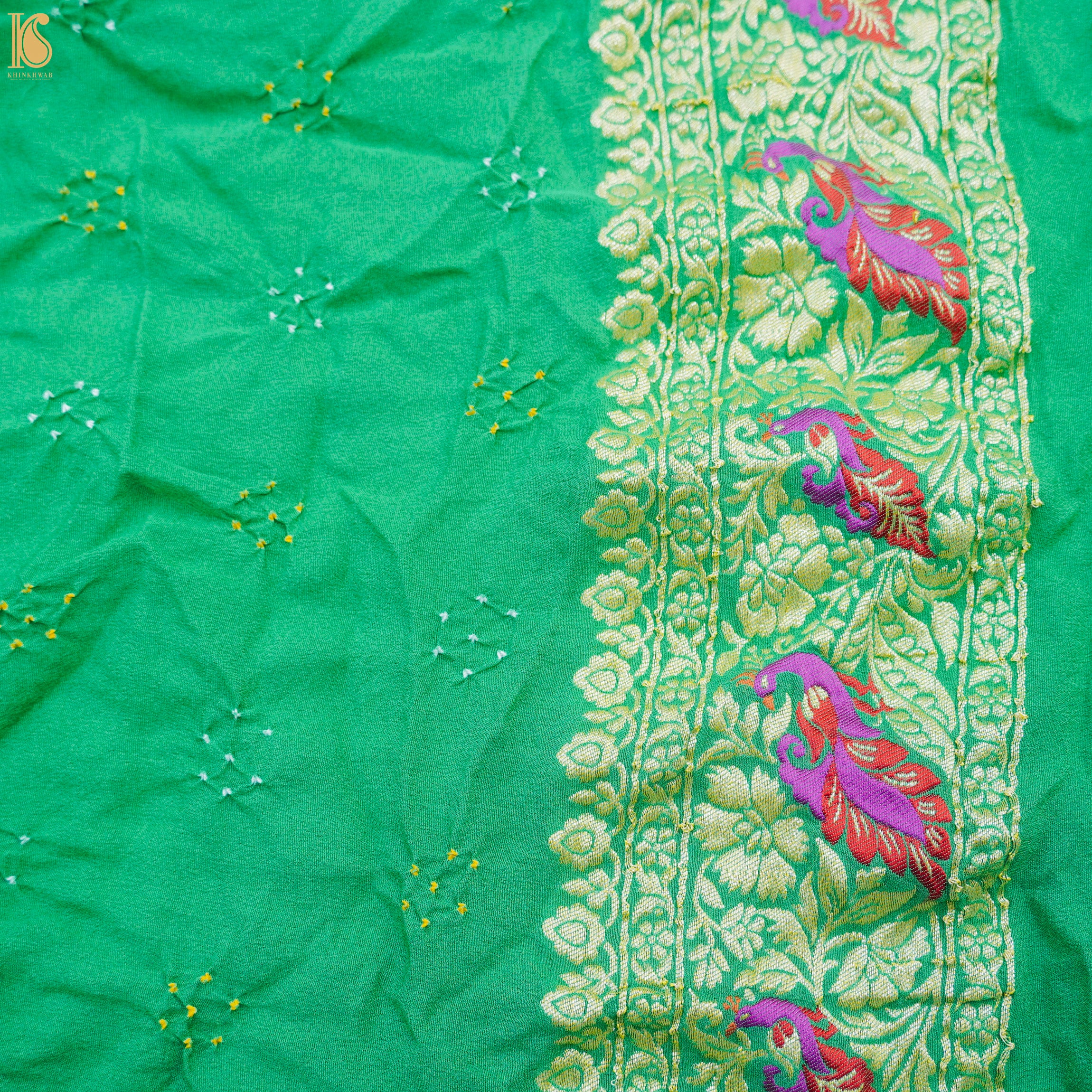 Jade Green Pure Georgette Banarasi Peacock Meena Bandhani Saree - Khinkhwab