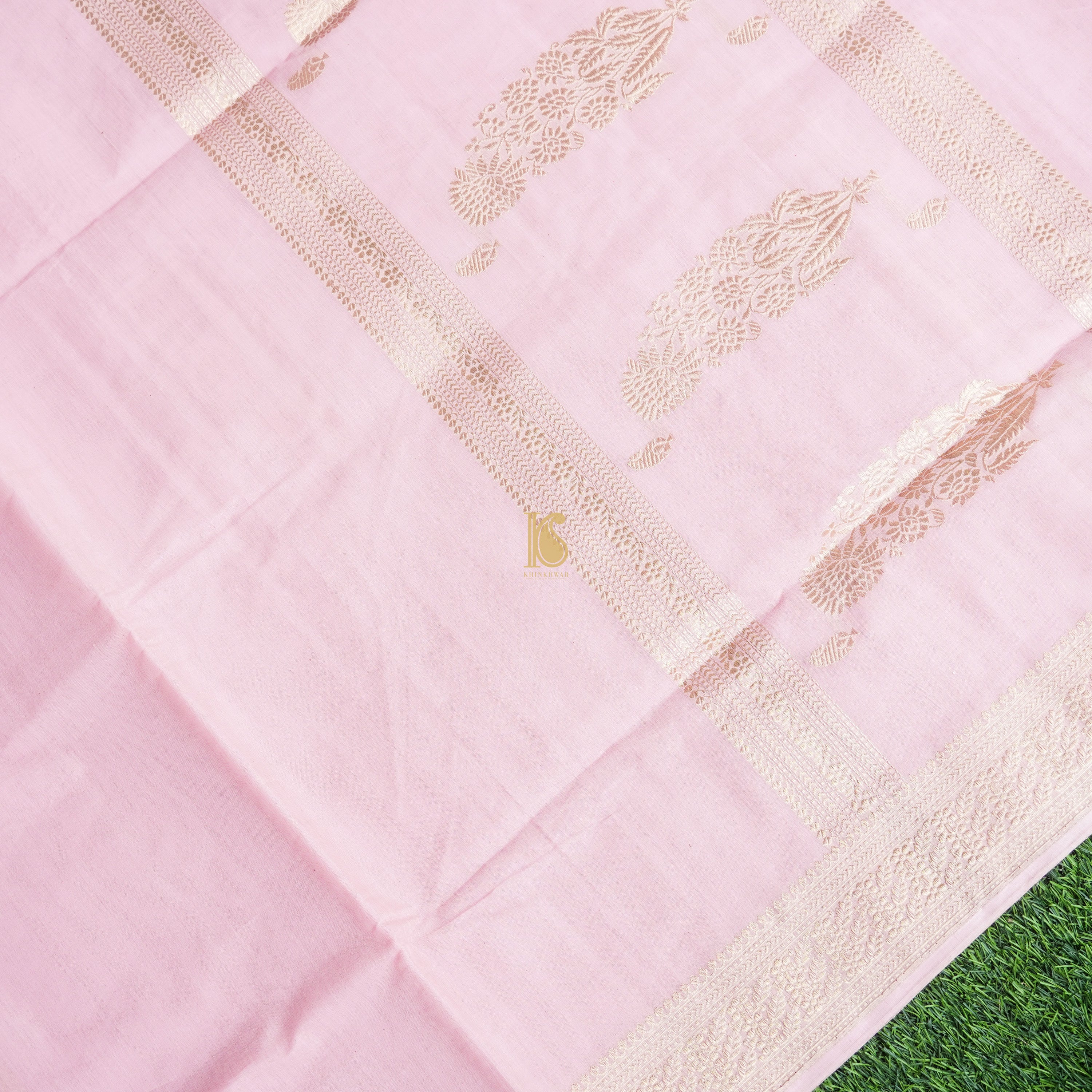 Classic Rose Pink Pure Cotton Handloom Banarasi Saree - Khinkhwab