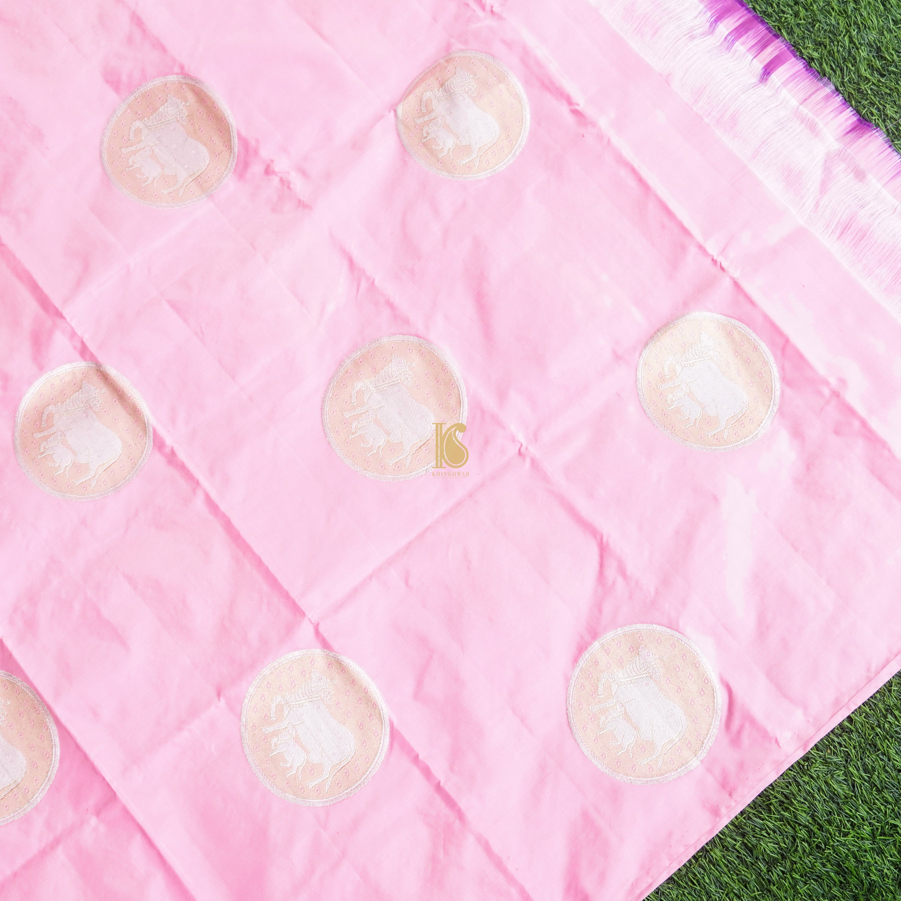 Classic Rose Pink Pure Katan Silk Banarasi Kadwa Cow Fabric - Khinkhwab