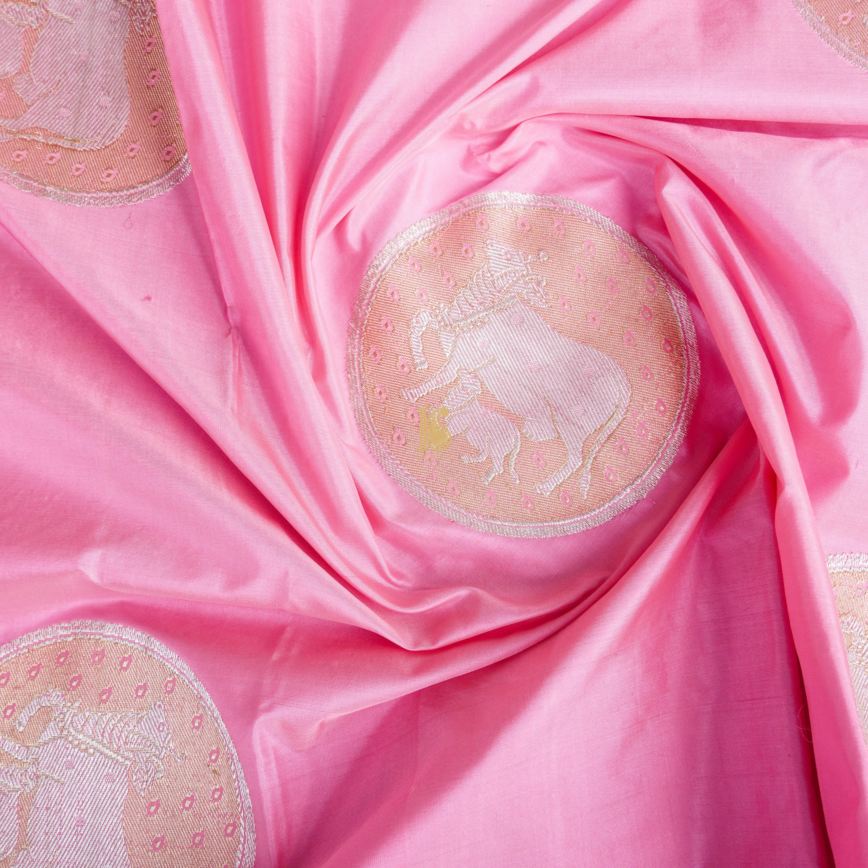 Classic Rose Pink Pure Katan Silk Banarasi Kadwa Cow Fabric - Khinkhwab