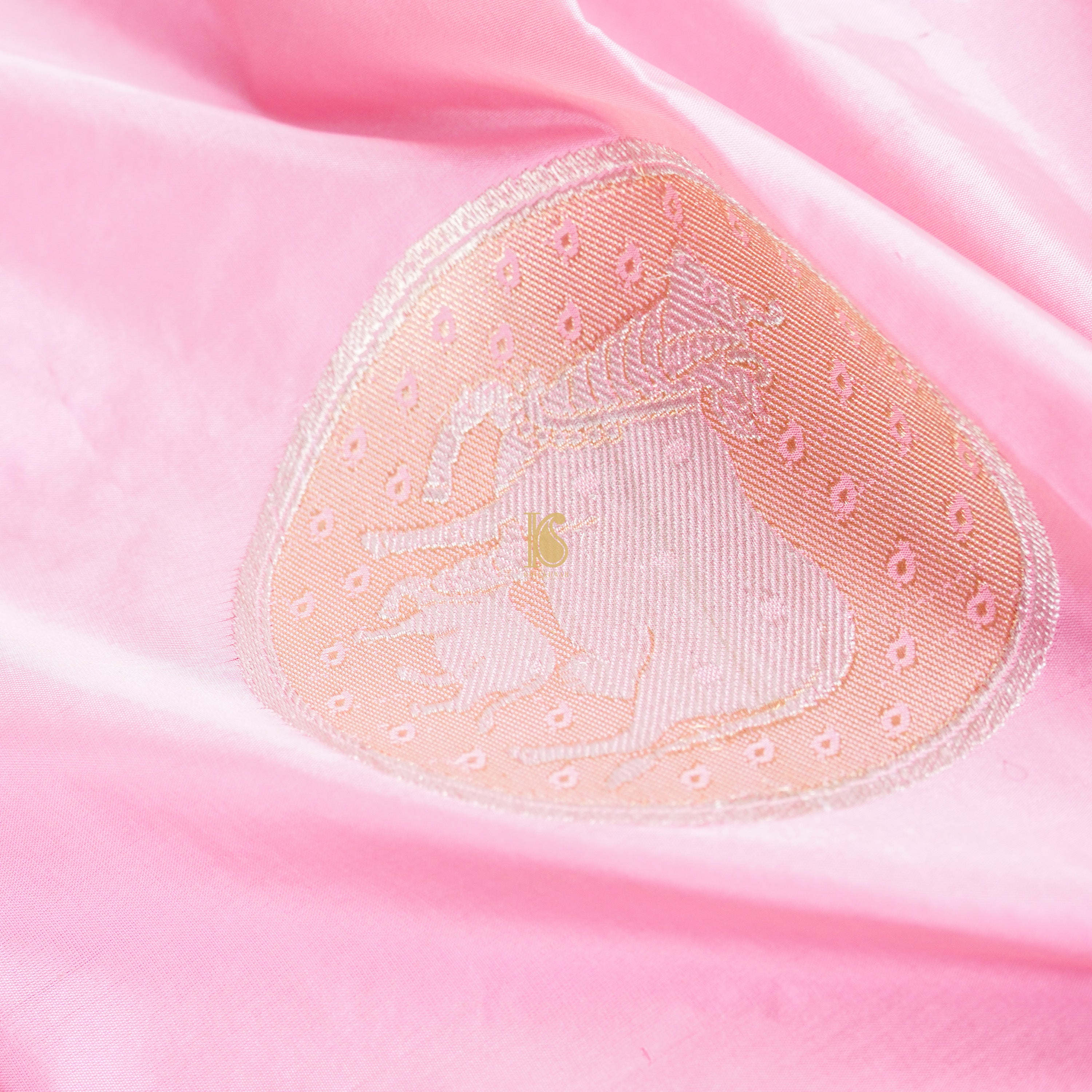 Classic Rose Pink Pure Katan Silk Banarasi Kadwa Cow Fabric - Khinkhwab