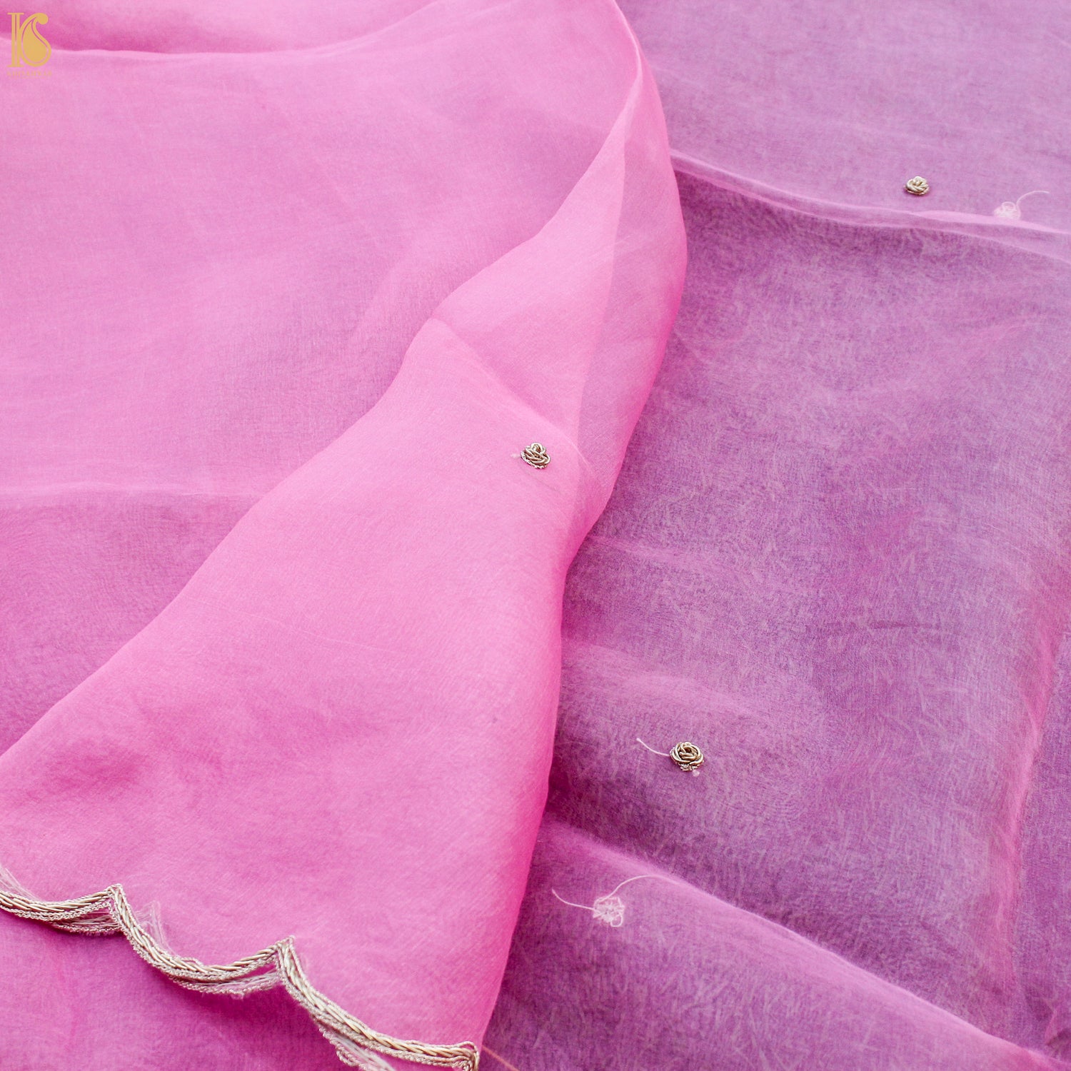 Tea Rose Pink Pure Organza Silk Dupatta with Embroidery - Khinkhwab