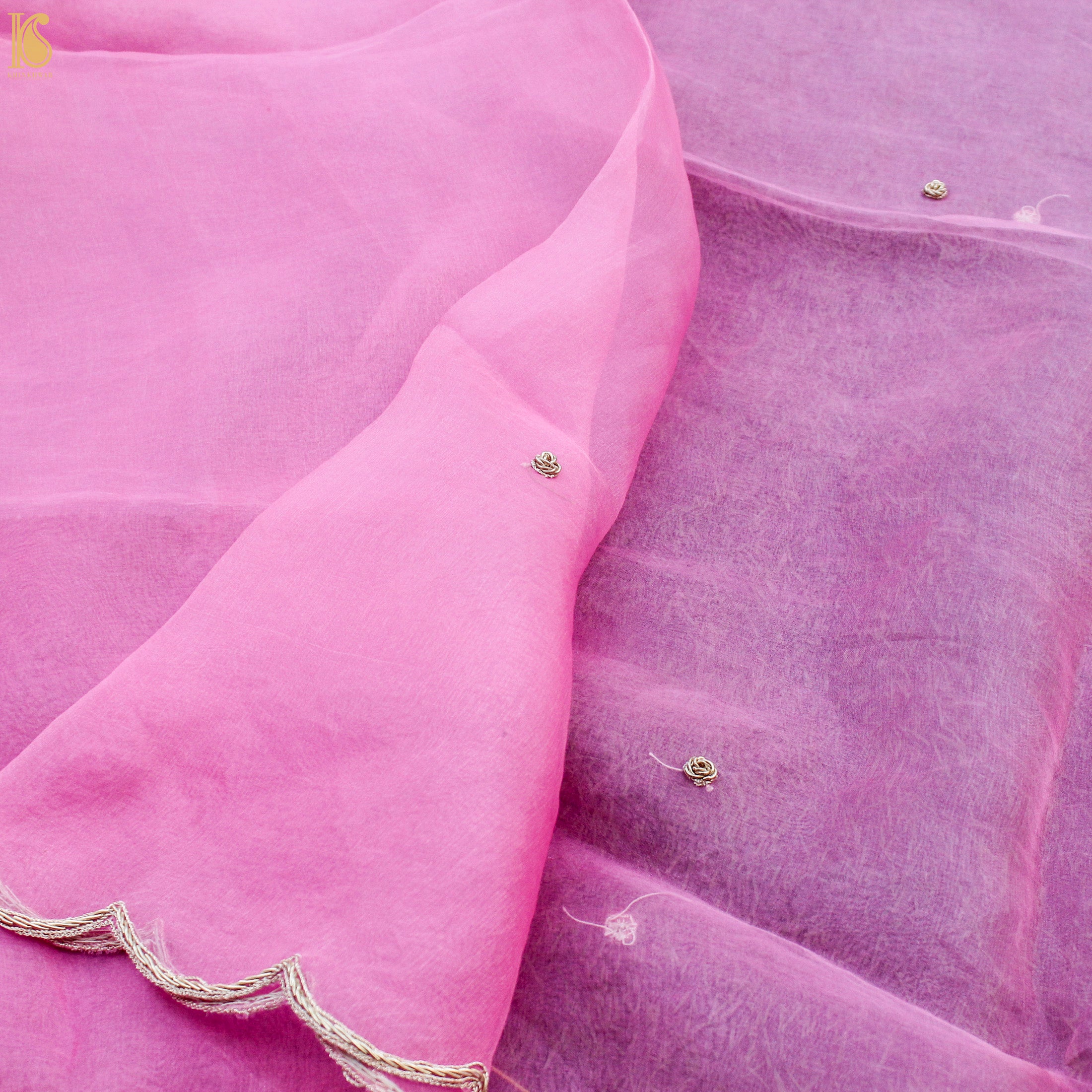 Tea Rose Pink Pure Organza Silk Dupatta with Embroidery - Khinkhwab