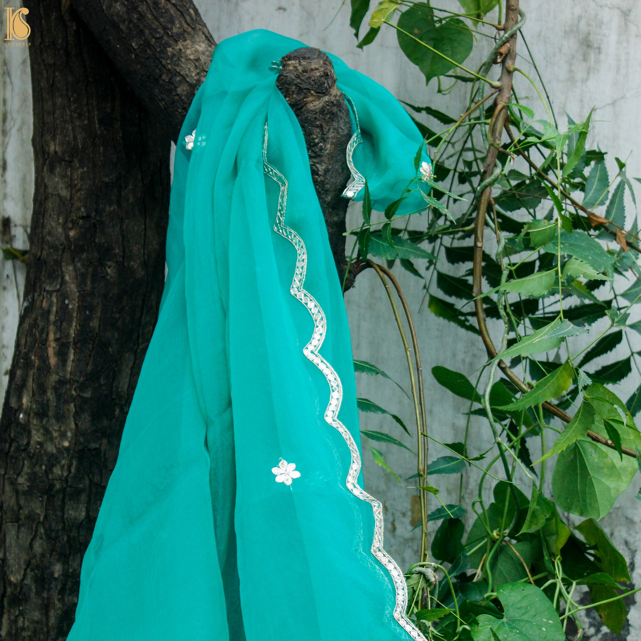 Persian Green Pure Organza Silk Dupatta with Embroidery - Khinkhwab