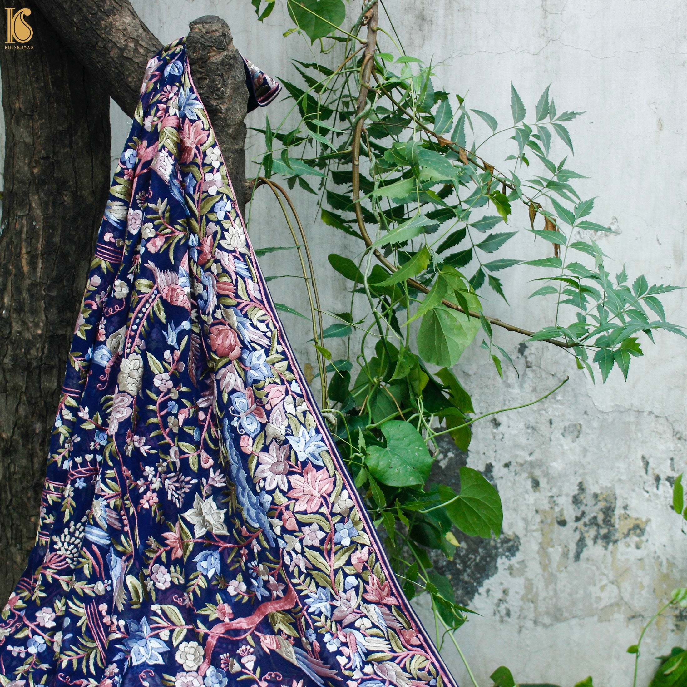 Sapphire Blue Handcrafted Parsi Gara Pure Georgette Dupatta - Khinkhwab