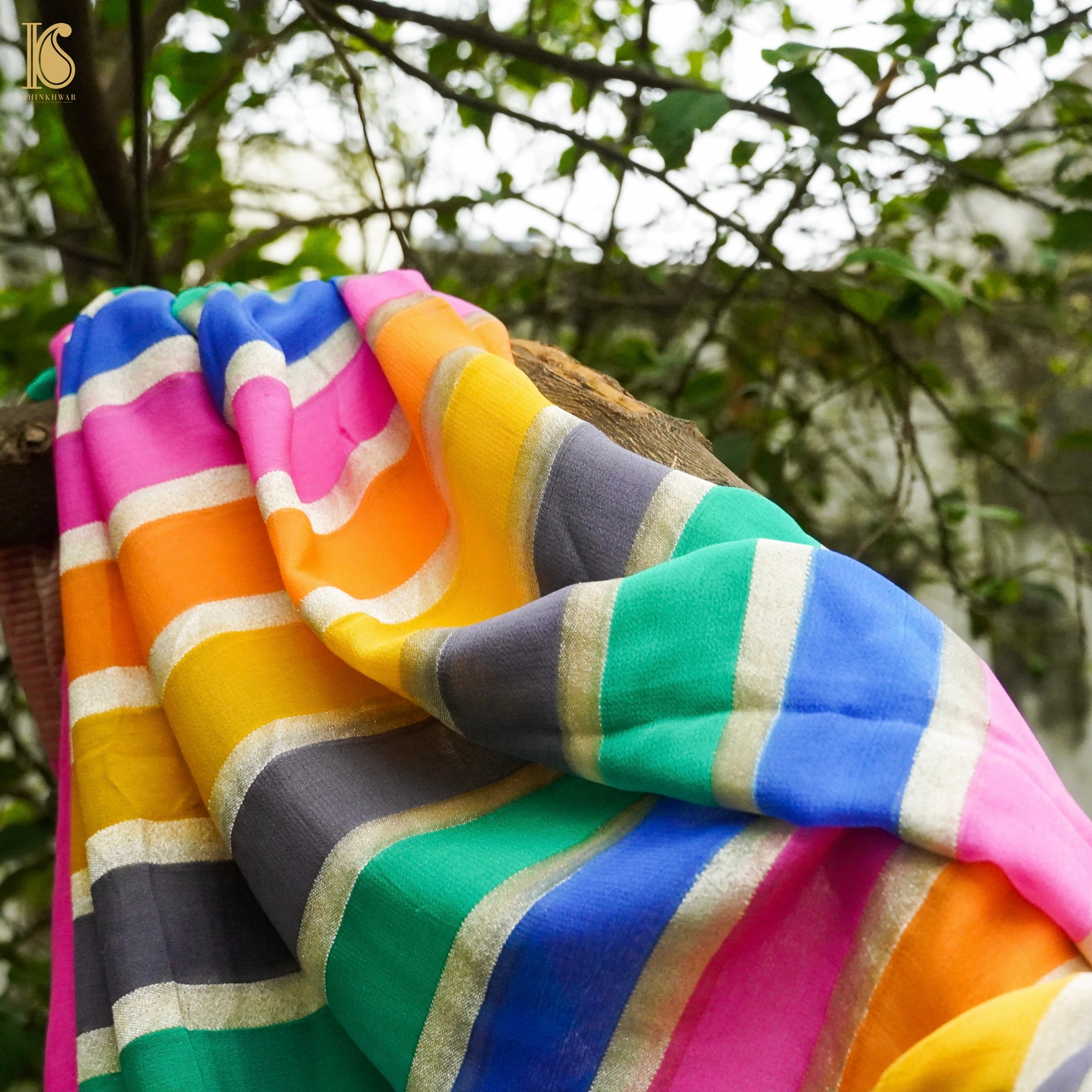Multicolor Pure Georgette Handloom Banarasi Stripes Dupatta - Khinkhwab