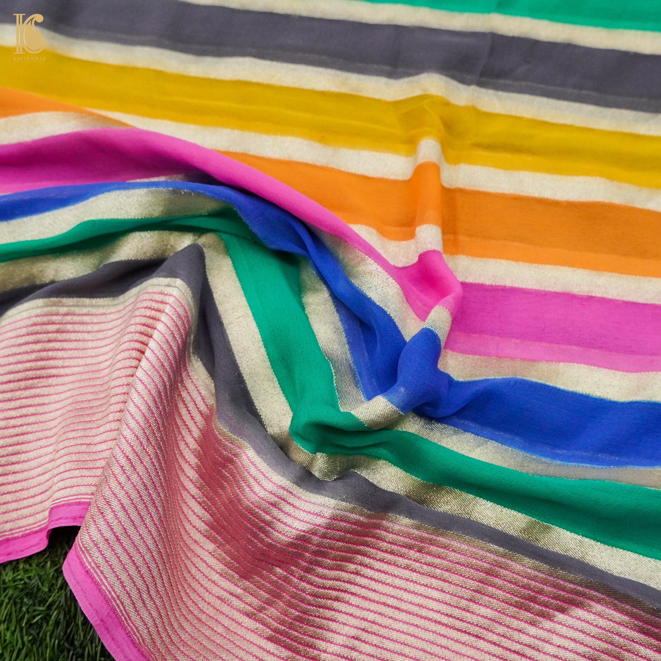 Multicolor Pure Georgette Handloom Banarasi Stripes Dupatta - Khinkhwab