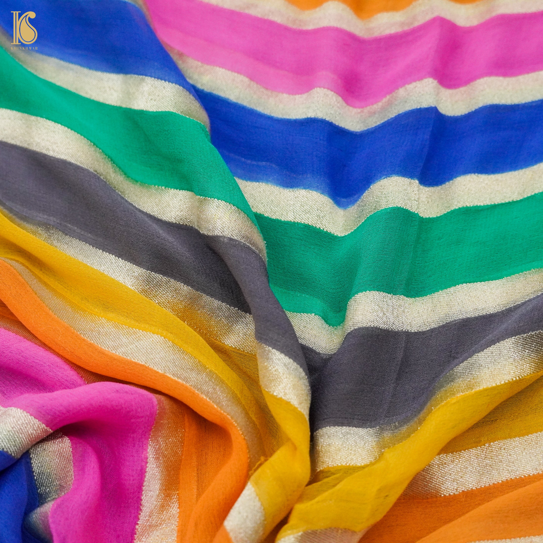 Multicolor Pure Georgette Handloom Banarasi Stripes Dupatta - Khinkhwab