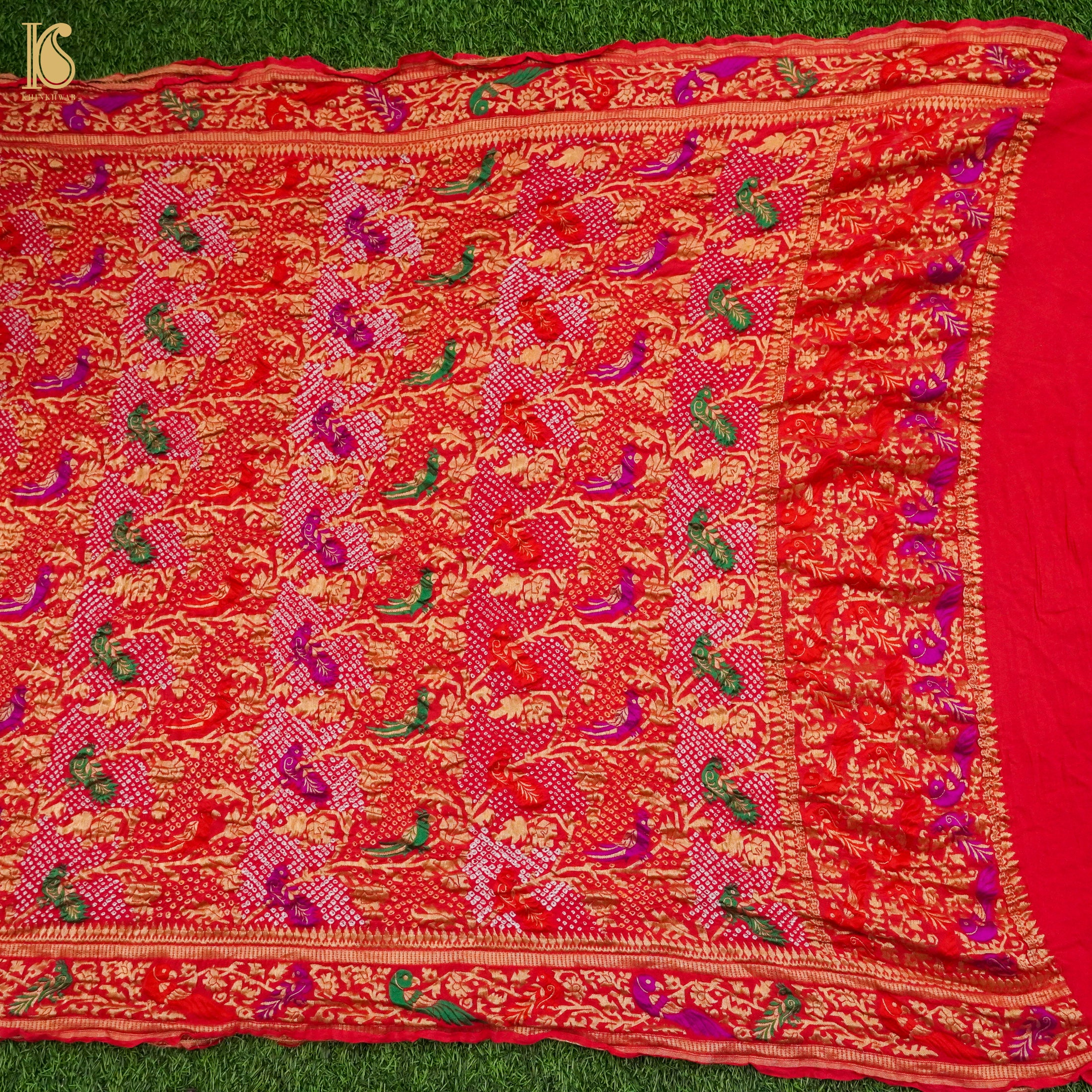 Red Georgette Bandhani Handloom Banarasi Shikargah Dupatta - Khinkhwab