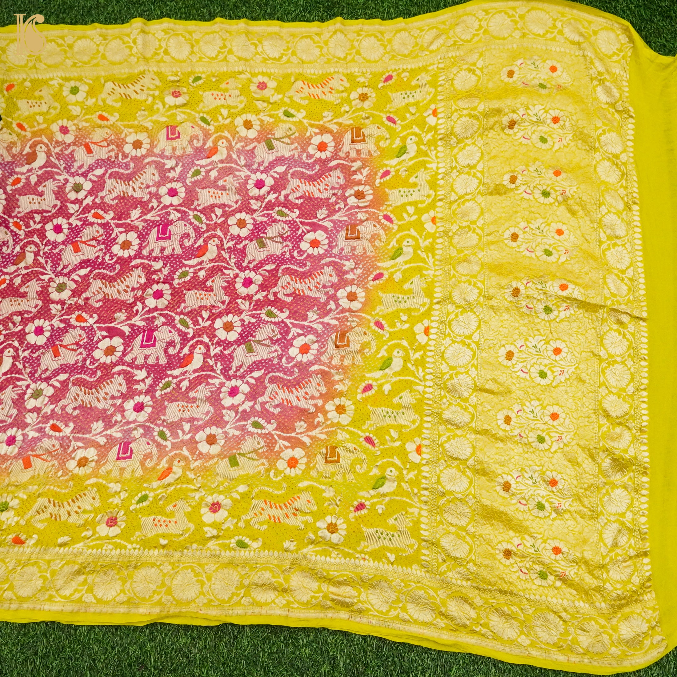 Bird Flower Yellow & Pink Handloom Banarasi Bandhani Georgette Shikargah Dupatta - Khinkhwab