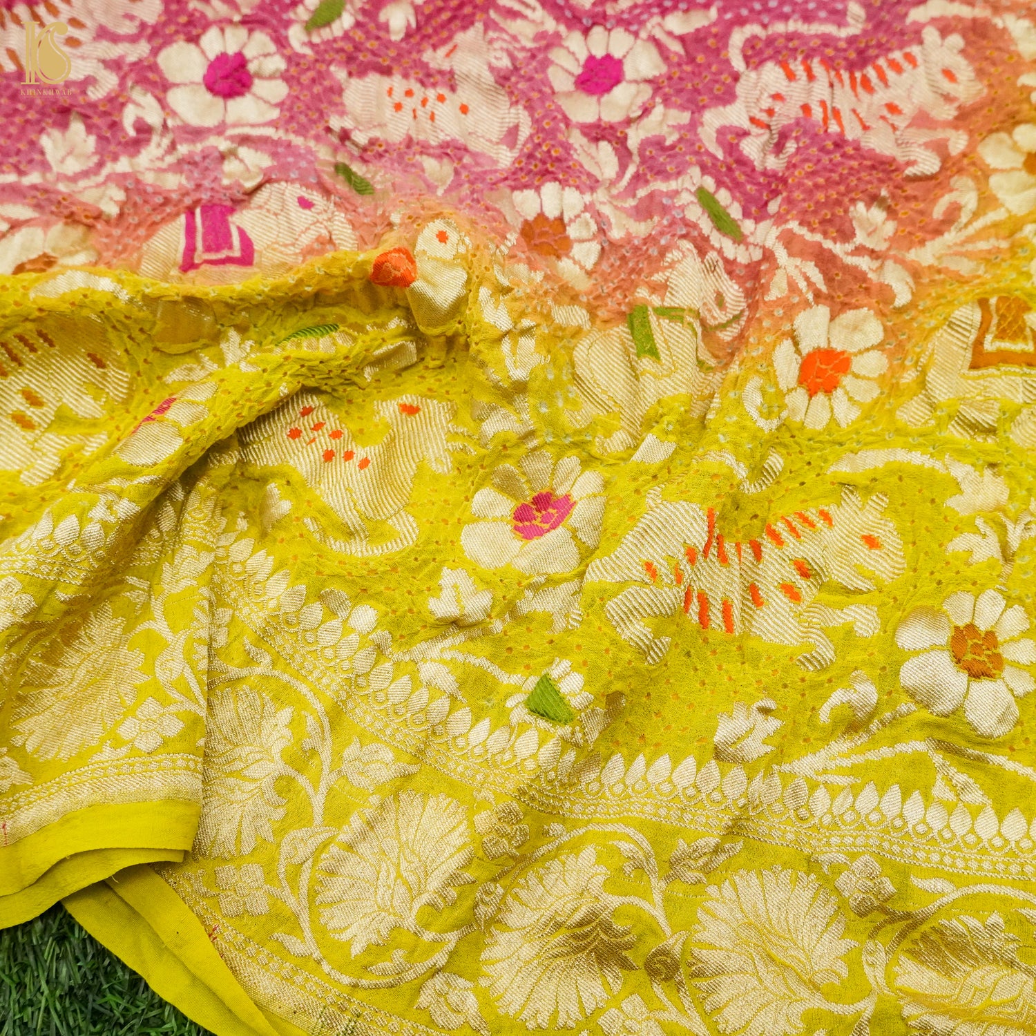 Bird Flower Yellow & Pink Handloom Banarasi Bandhani Georgette Shikargah Dupatta - Khinkhwab
