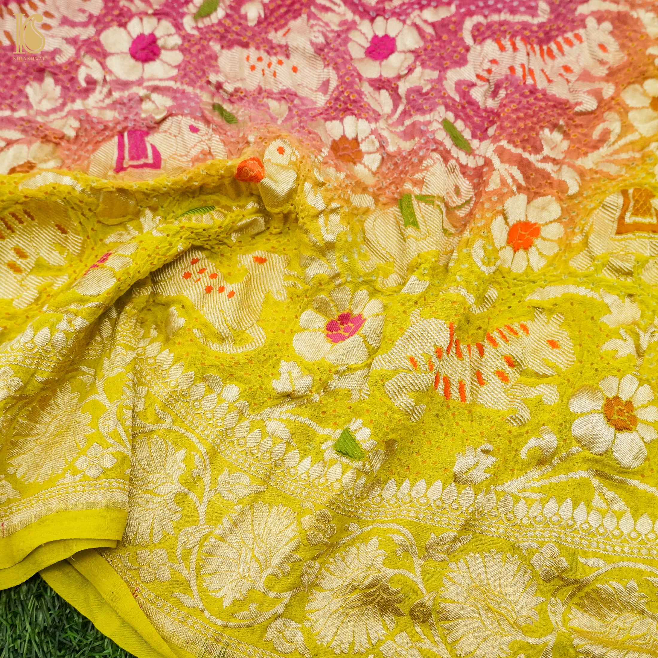 Bird Flower Yellow & Pink Handloom Banarasi Bandhani Georgette Shikargah Dupatta - Khinkhwab