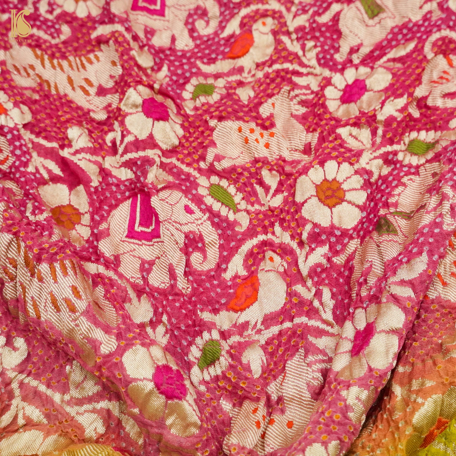 Bird Flower Yellow & Pink Handloom Banarasi Bandhani Georgette Shikargah Dupatta - Khinkhwab