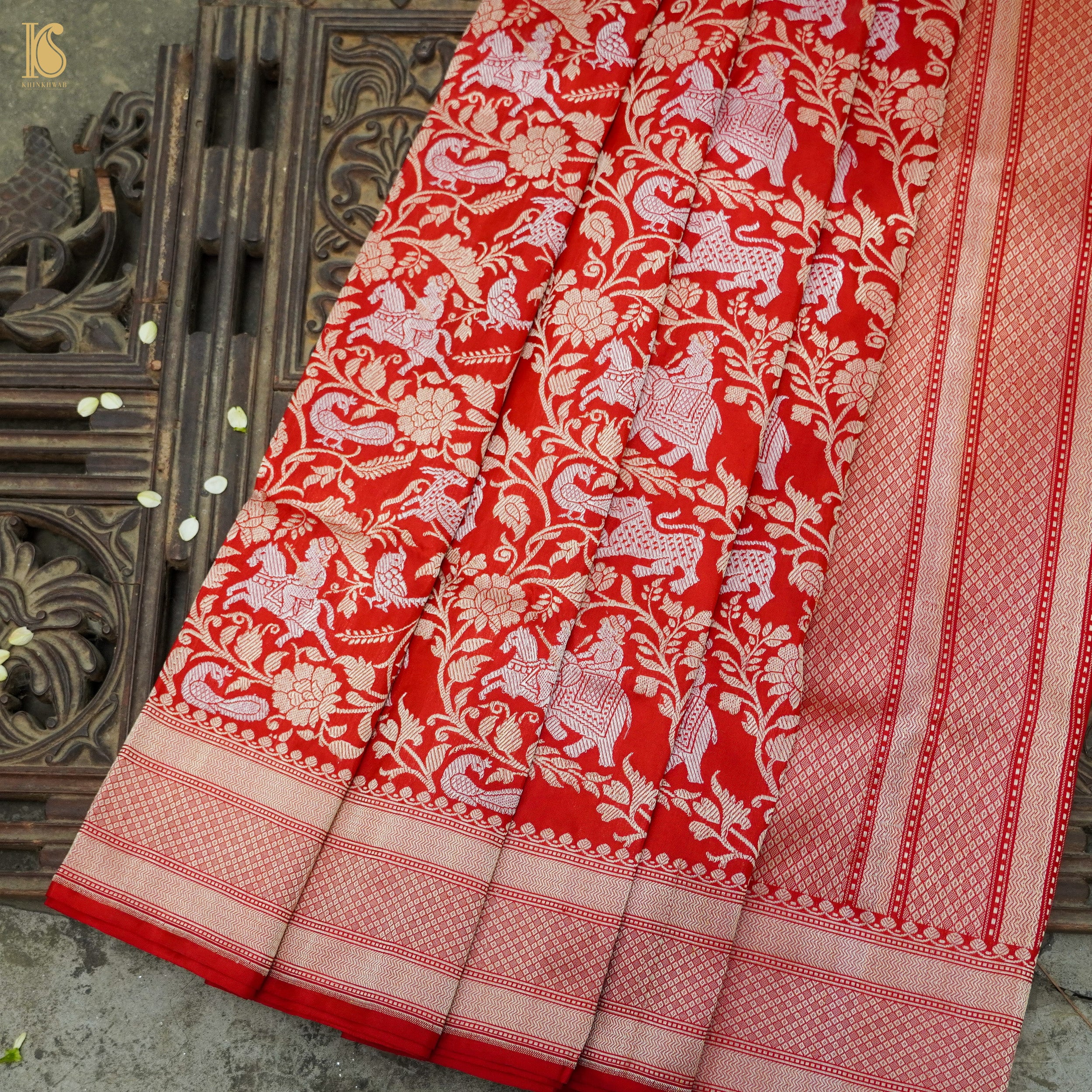 Red Handloom Katan Silk Banarasi Shikargah Kadwa Saree - Khinkhwab