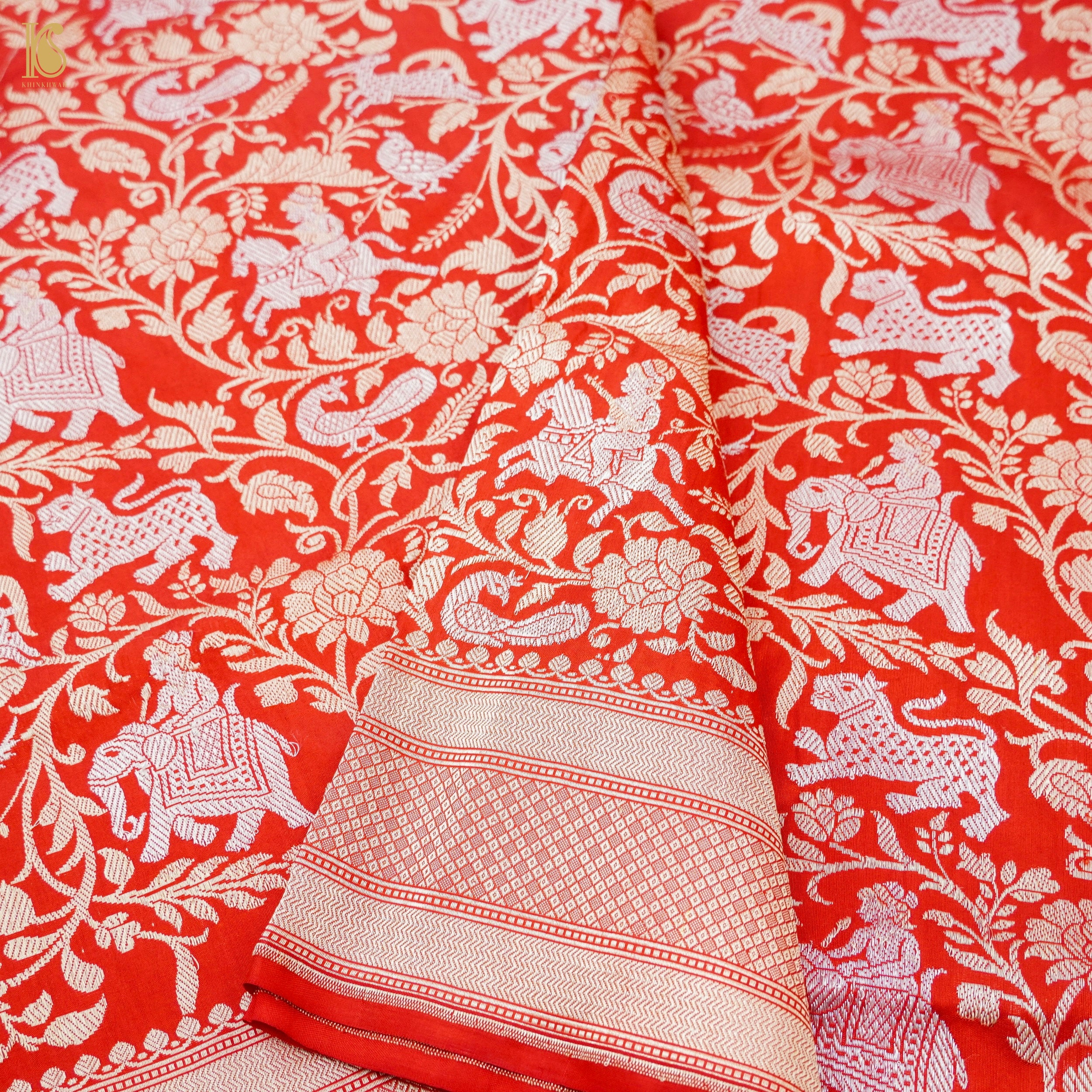 Red Handloom Katan Silk Banarasi Shikargah Kadwa Saree - Khinkhwab