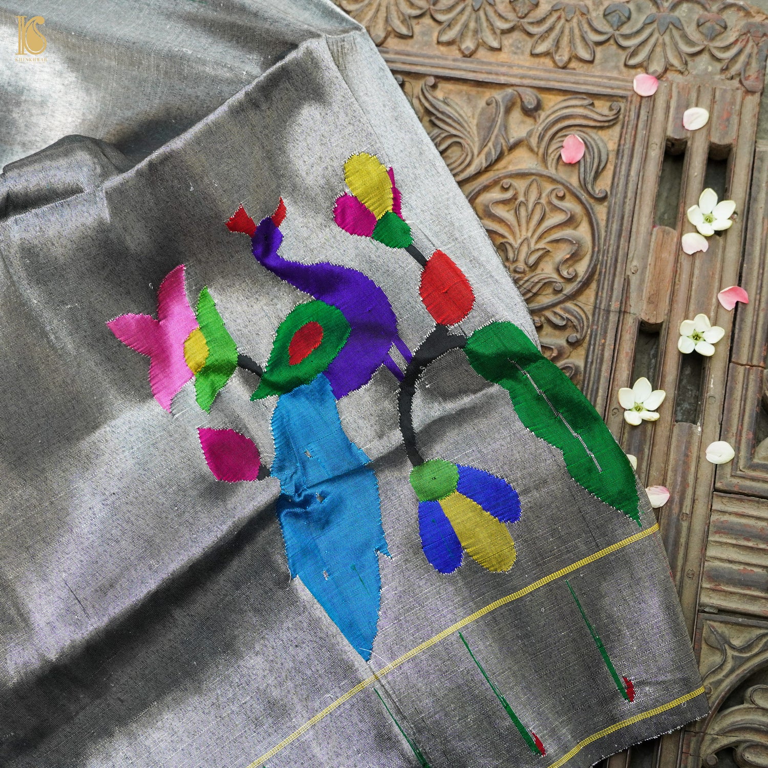 Silver Pure Silk Paithani Handwoven Meenakari Peacock Blouse Piece - Khinkhwab