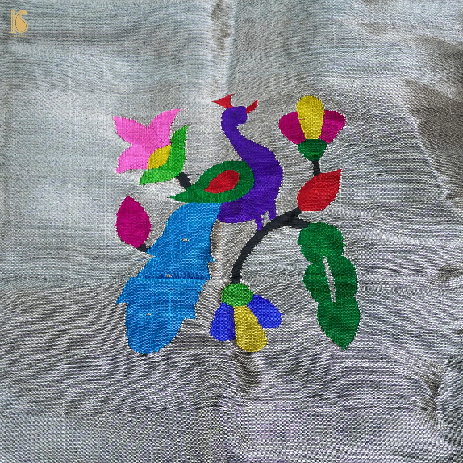 Silver Pure Silk Paithani Handwoven Meenakari Peacock Blouse Piece - Khinkhwab