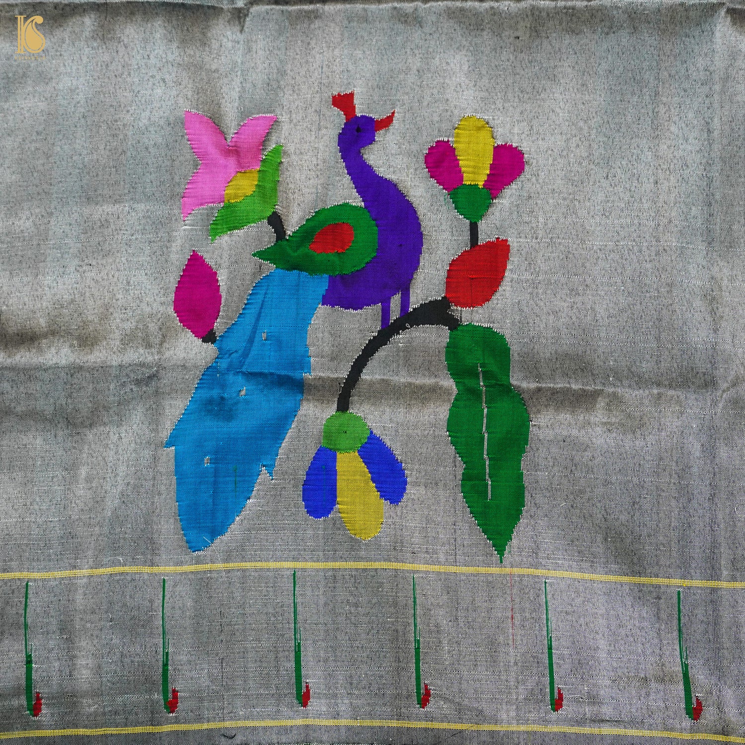 Silver Pure Silk Paithani Handwoven Meenakari Peacock Blouse Piece - Khinkhwab