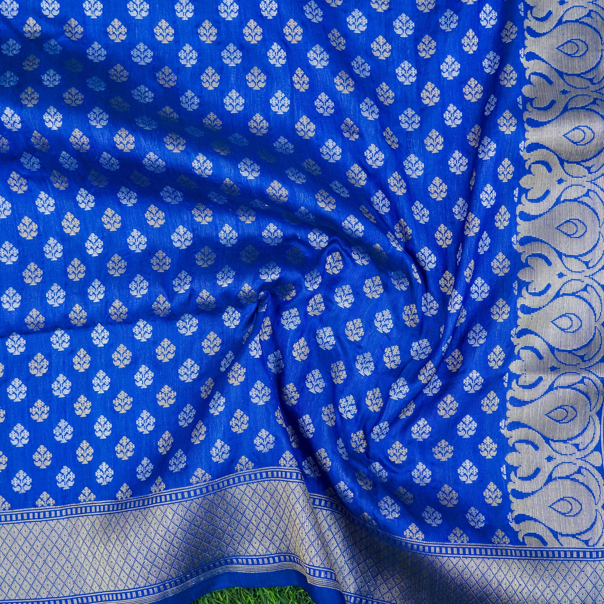 Yellow & Dark Blue Handwoven Katan Silk Banarasi Suit Set - Khinkhwab