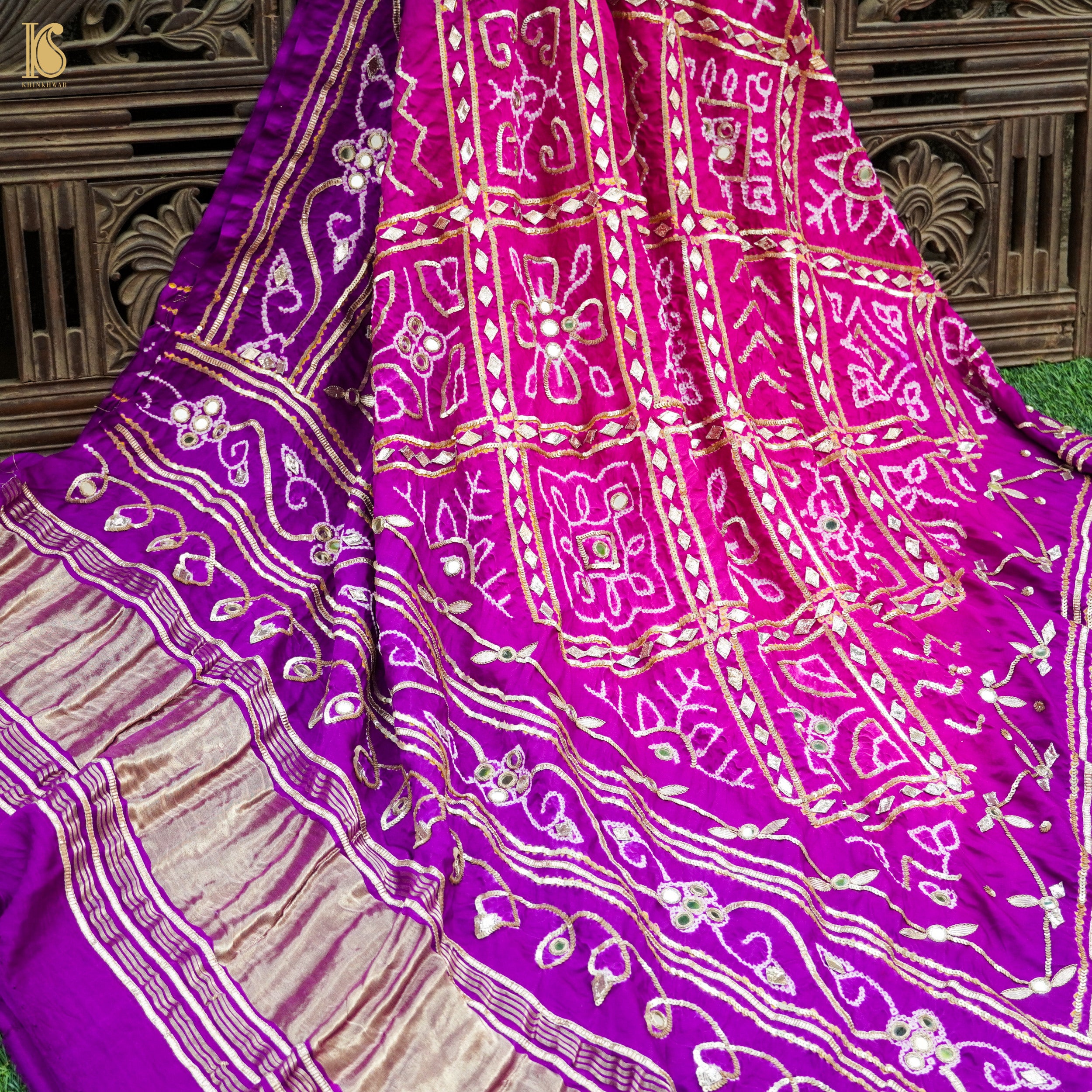 Pink & Purple Gajji Silk Bandhani Gotta Patti & Mirror Work Dupatta - Khinkhwab