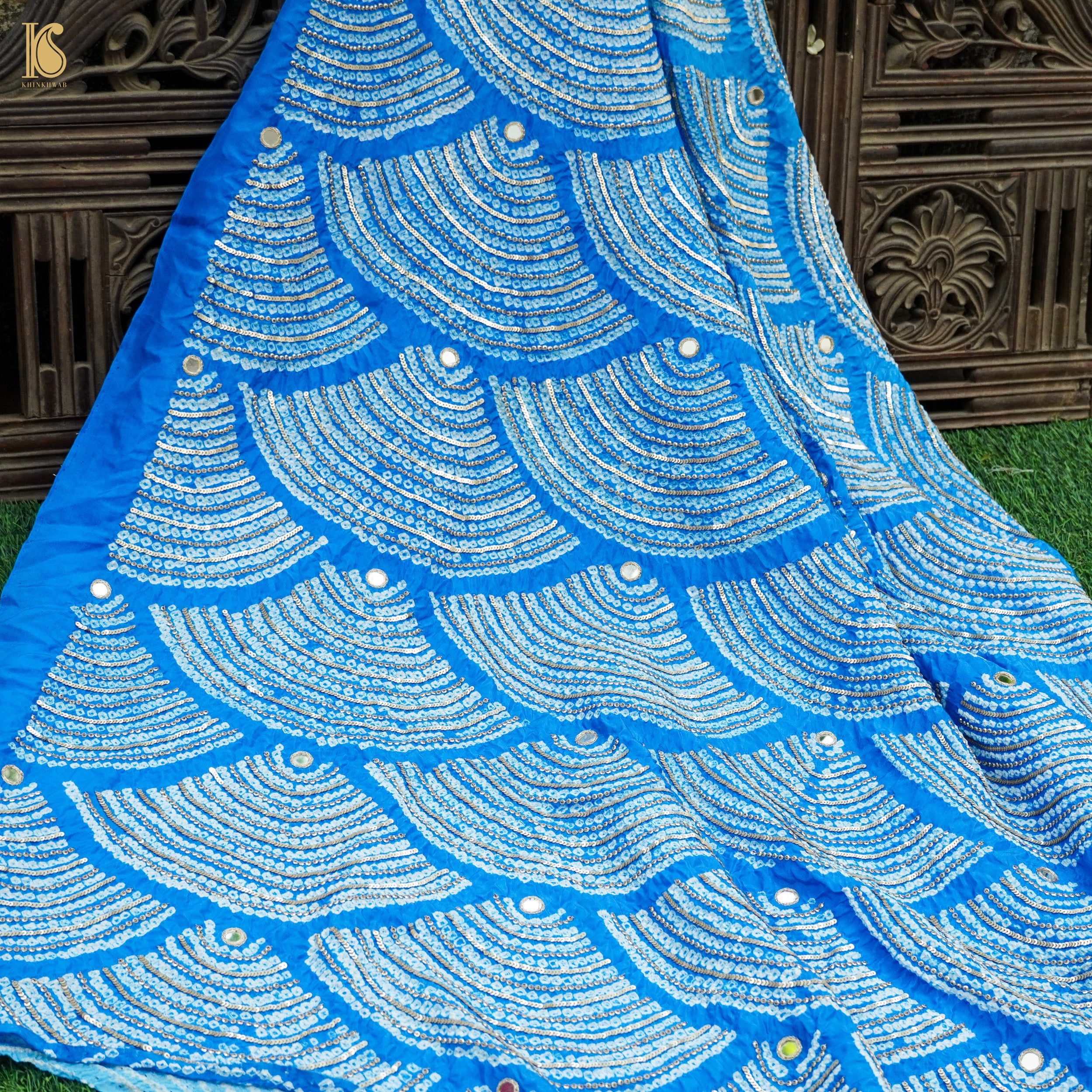Navy Blue Pure Gajji Handloom Bandhani Fabric with Sequence Work - Khinkhwab