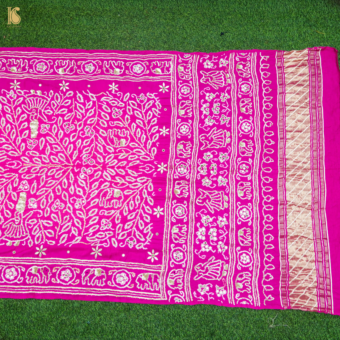 Hollywood Cerise Pink Gajji Silk Bandhani Gotta Patti & Mirror Work Dupatta - Khinkhwab