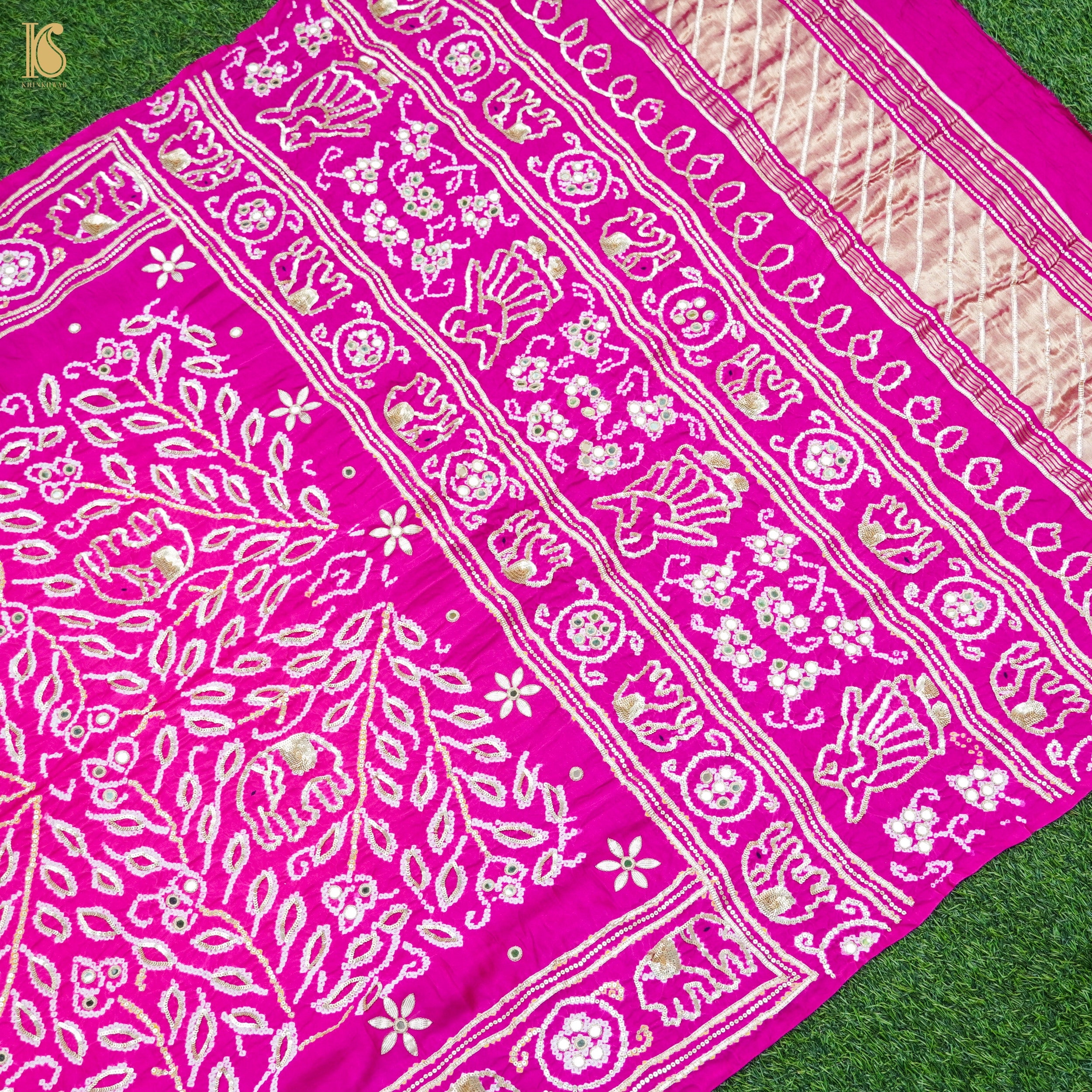 Hollywood Cerise Pink Gajji Silk Bandhani Gotta Patti & Mirror Work Dupatta - Khinkhwab