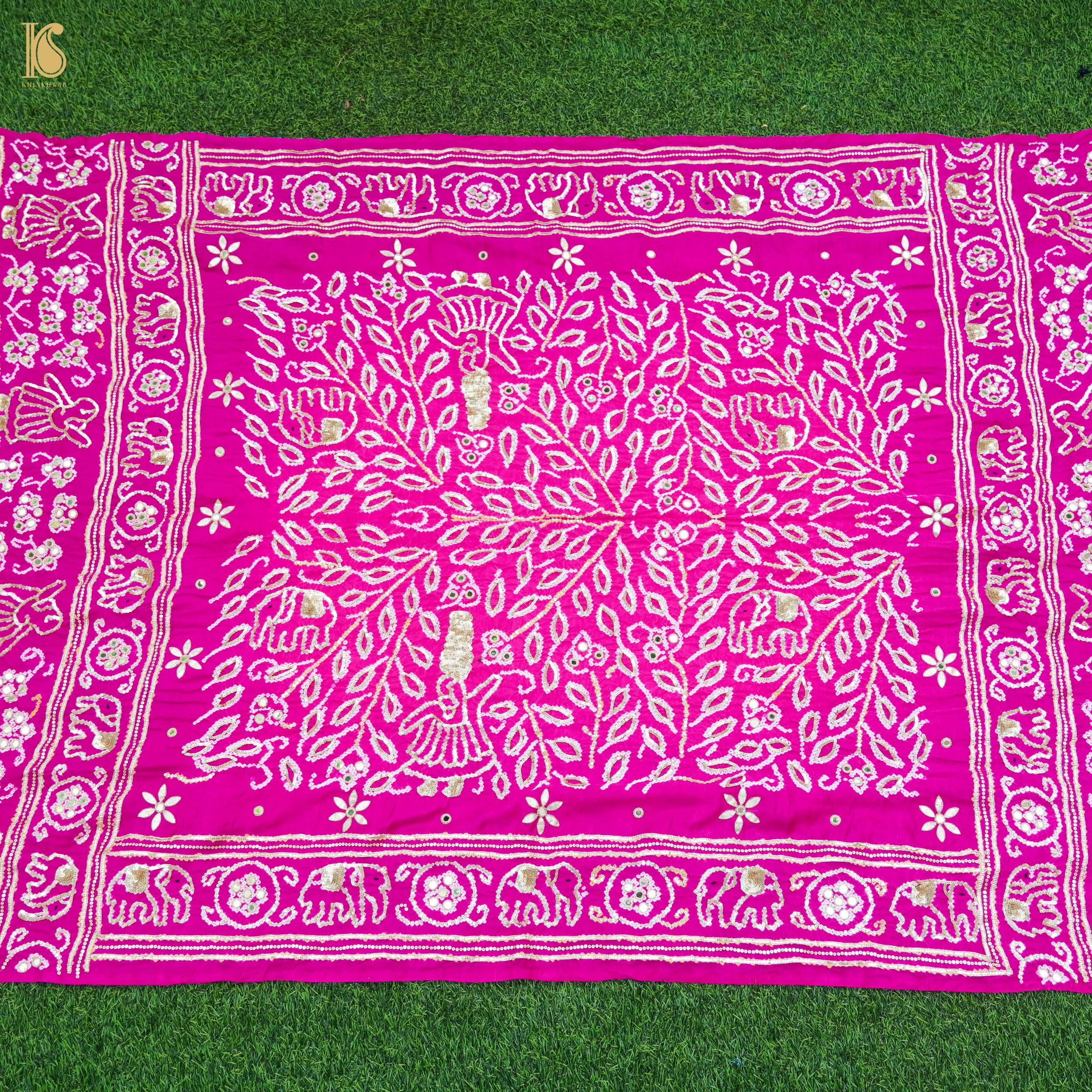 Hollywood Cerise Pink Gajji Silk Bandhani Gotta Patti & Mirror Work Dupatta - Khinkhwab
