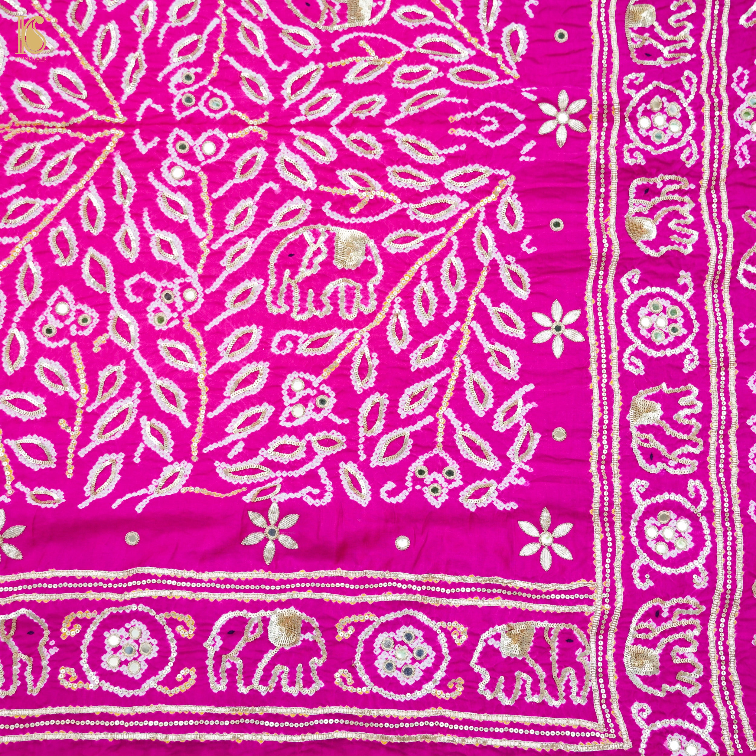 Hollywood Cerise Pink Gajji Silk Bandhani Gotta Patti & Mirror Work Dupatta - Khinkhwab