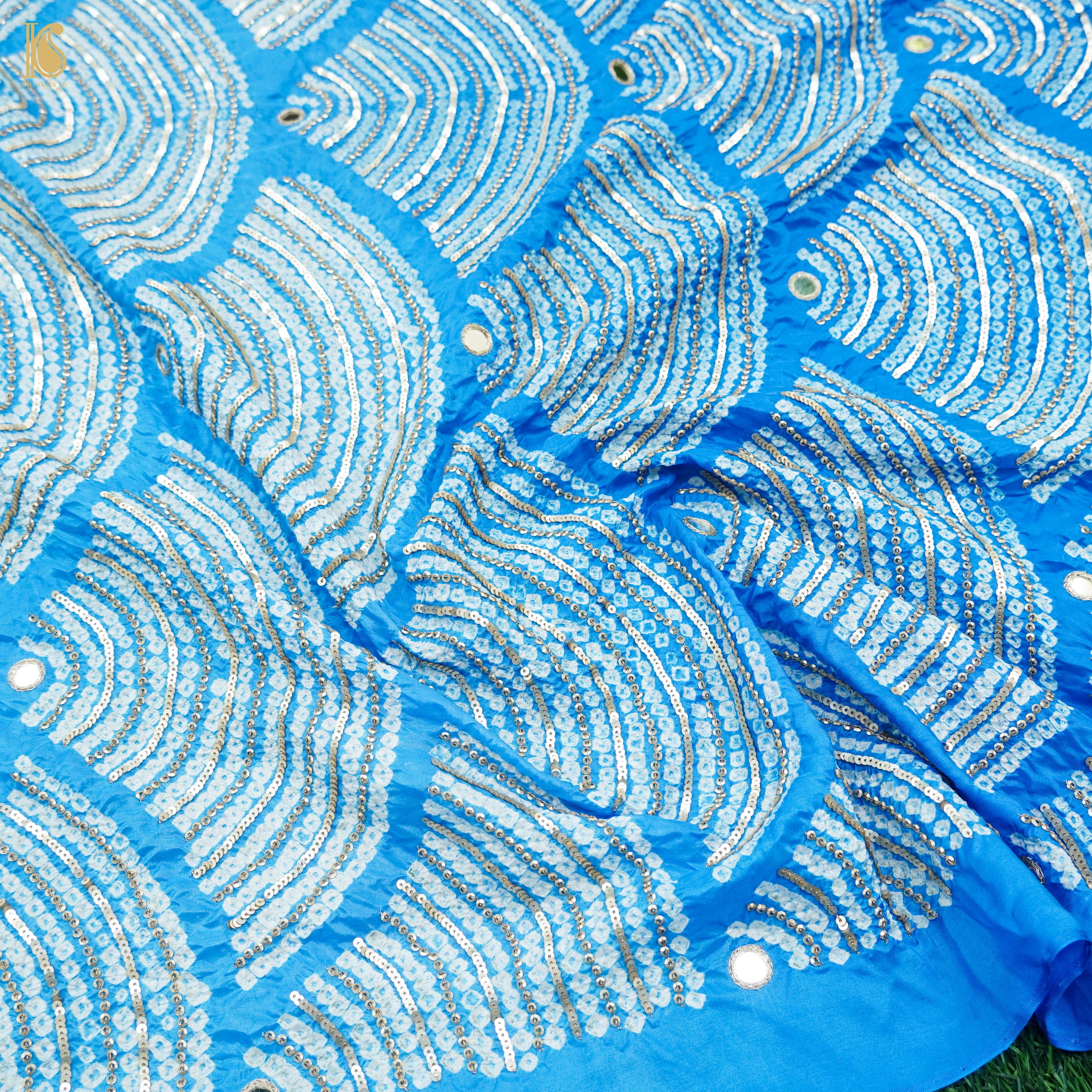 Navy Blue Pure Gajji Handloom Bandhani Fabric with Sequence Work - Khinkhwab