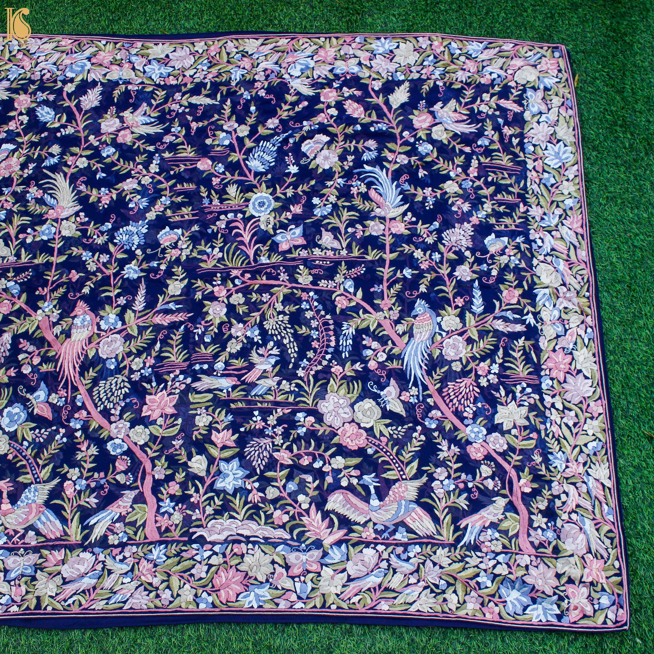 Sapphire Blue Handcrafted Parsi Gara Pure Georgette Dupatta - Khinkhwab