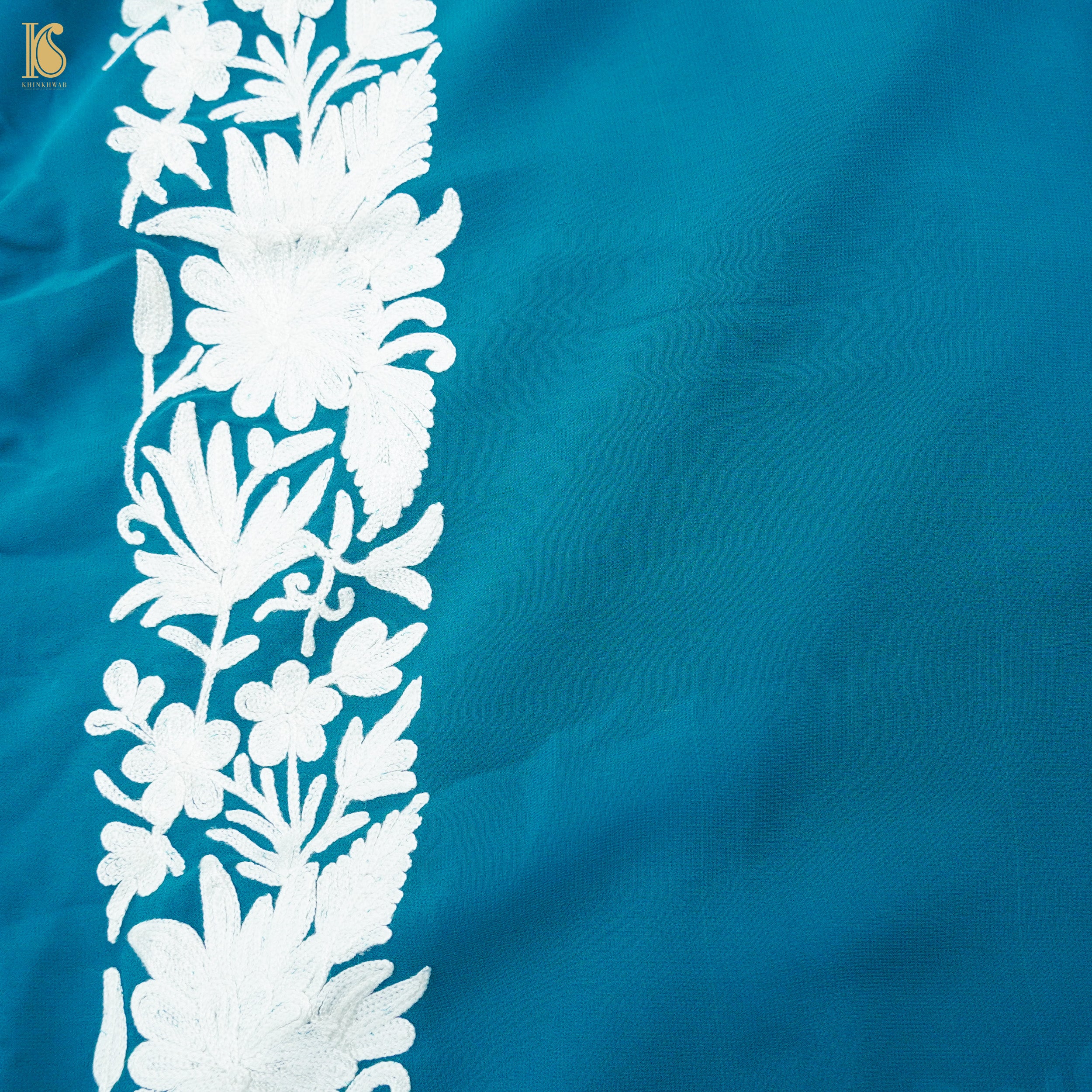 Cerulean Blue Pure Georgette Kashmiri Embroidery Saree - Khinkhwab